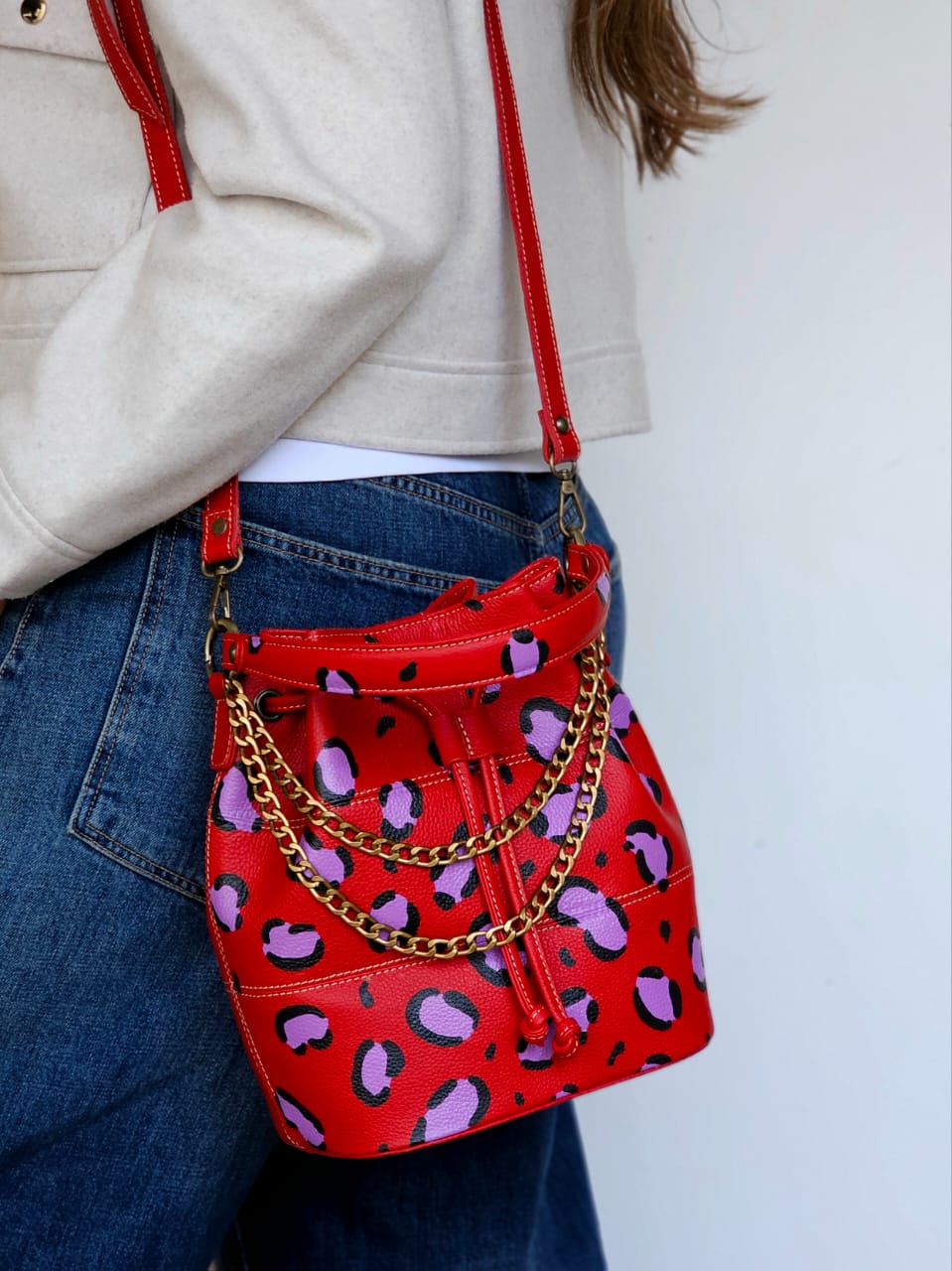 Leather Bucket Red X Purple