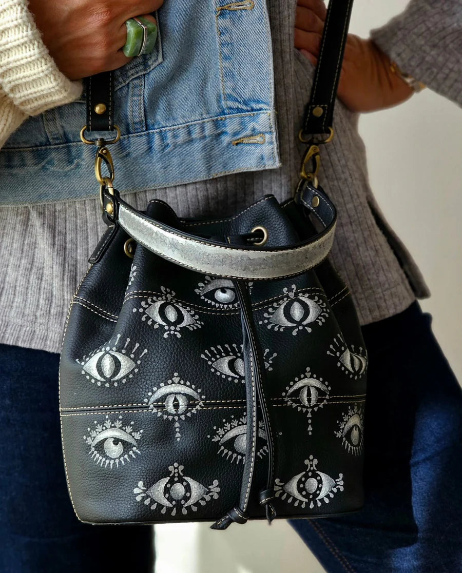 Leather Bucket Bag Black X White Eyes