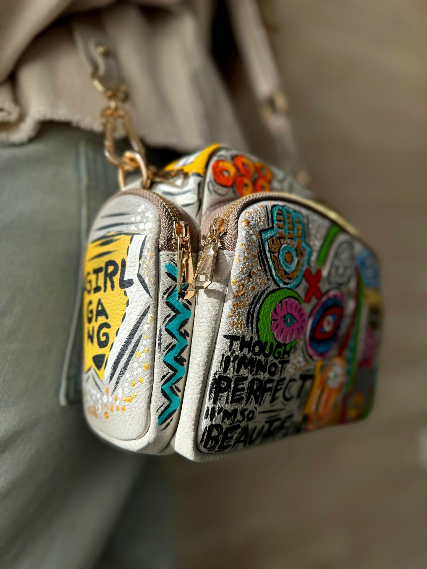 Leather Cross Bag Beige X Multicolor