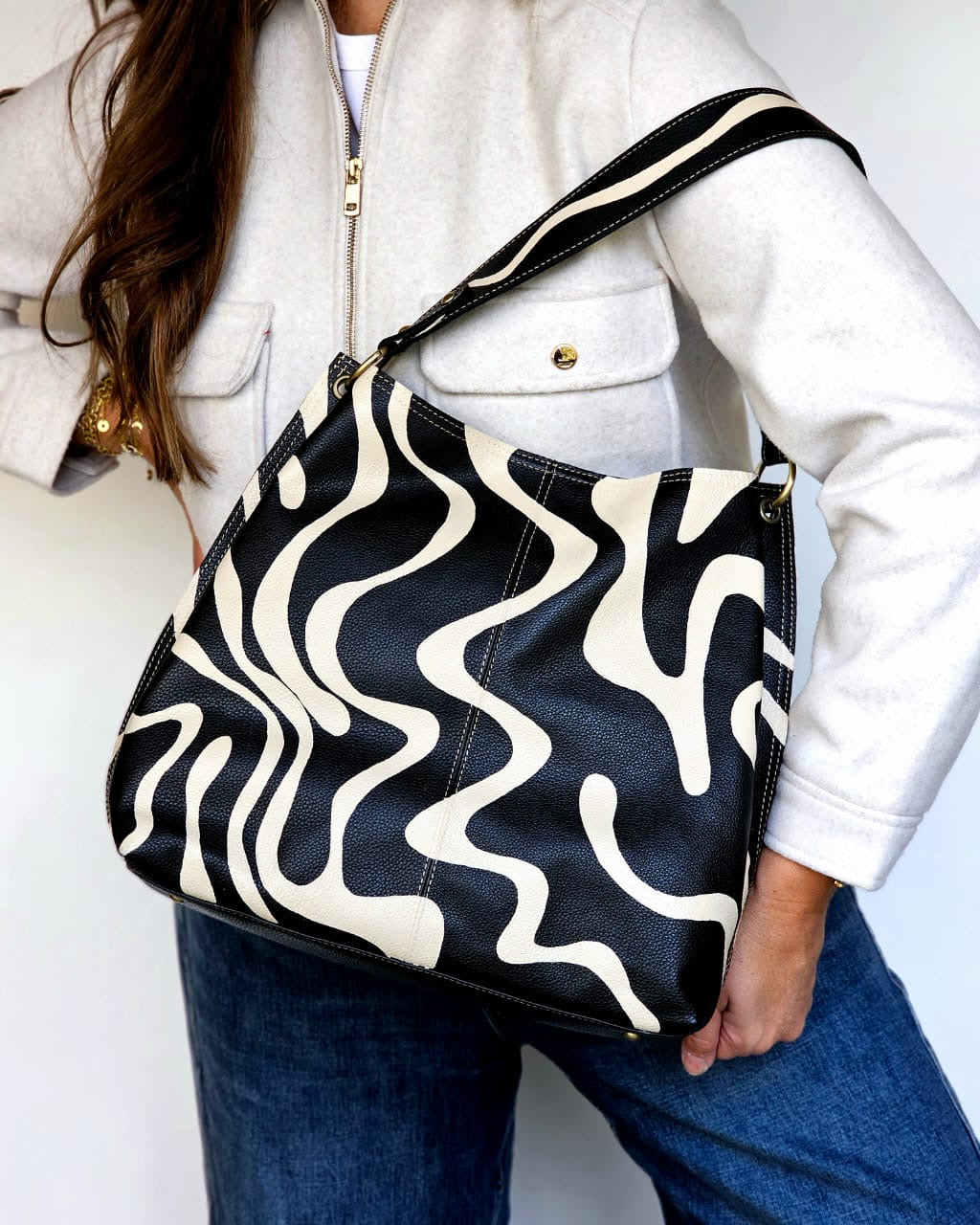 Large Leather Bag Black X Beige Waves