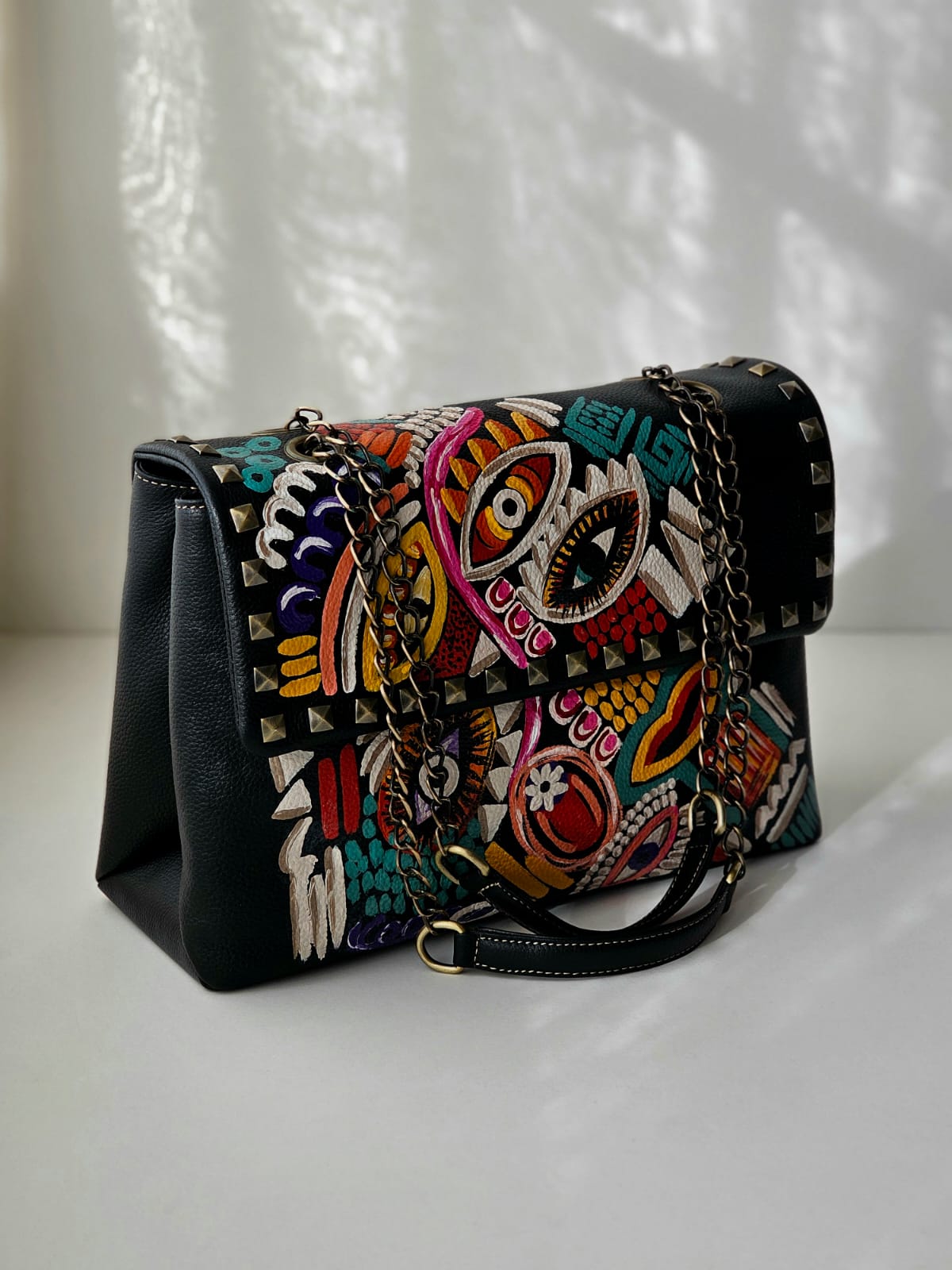 Rectangular Bag with Chain Black Base Eyes Design