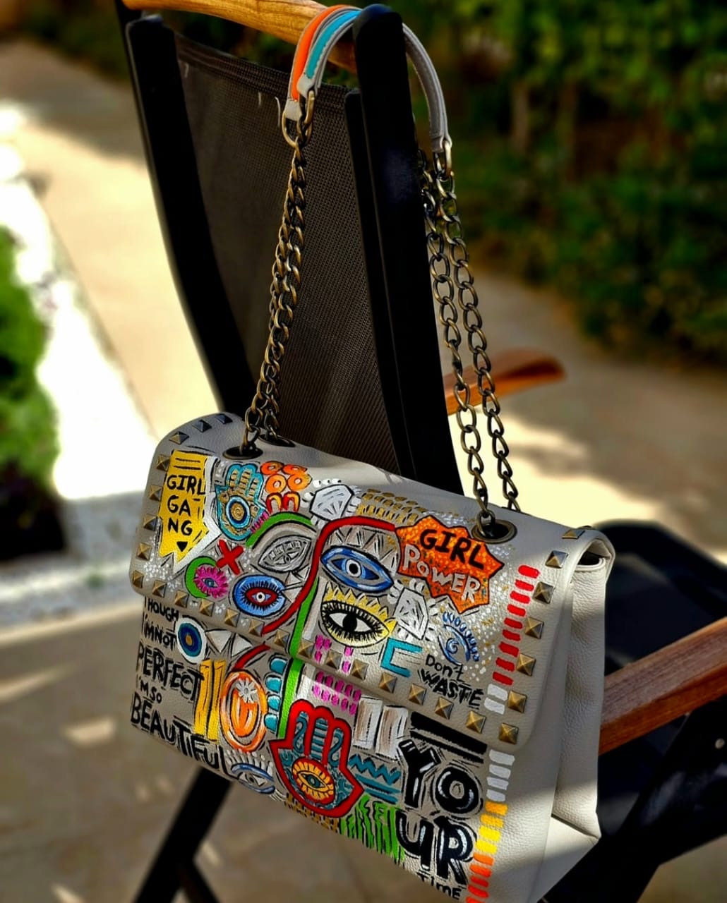 Rectangular Leather Bag with Chain Beige Base With Drawings