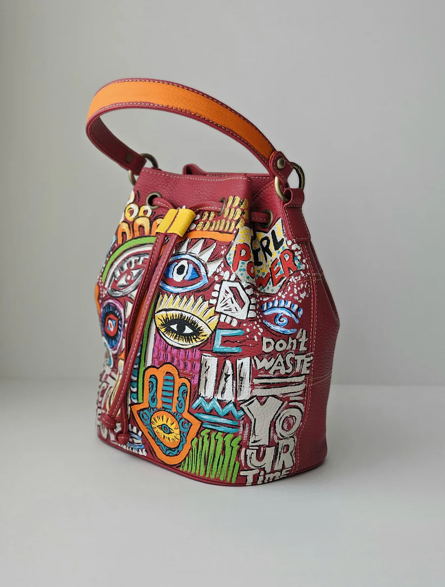 Leather Bucket Bag Red X Eyes Design