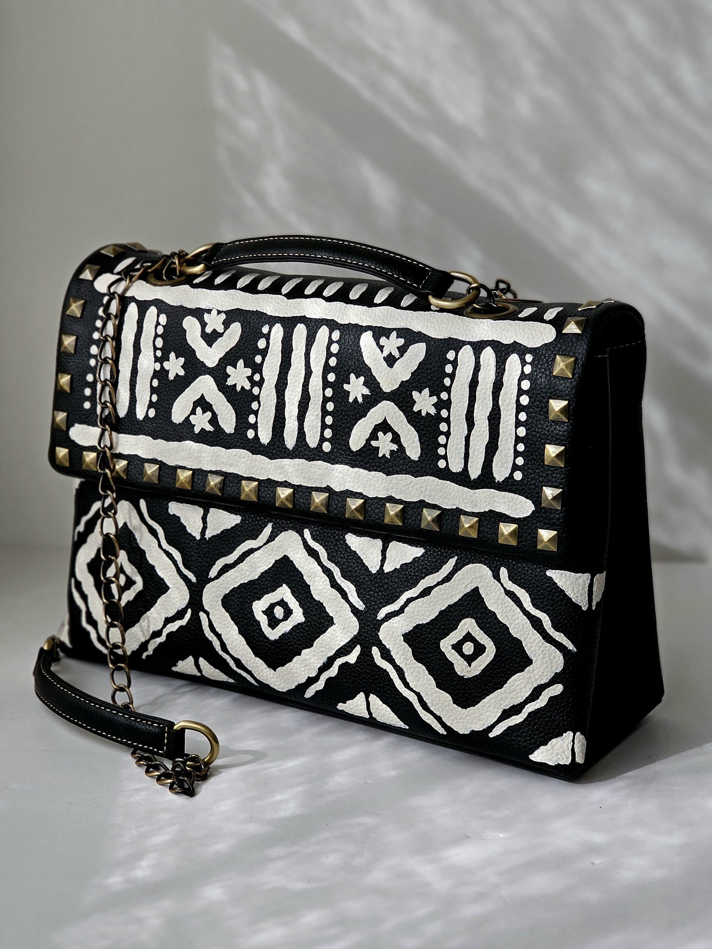 Rectangular Leather Bag with Chain Black Base With White
