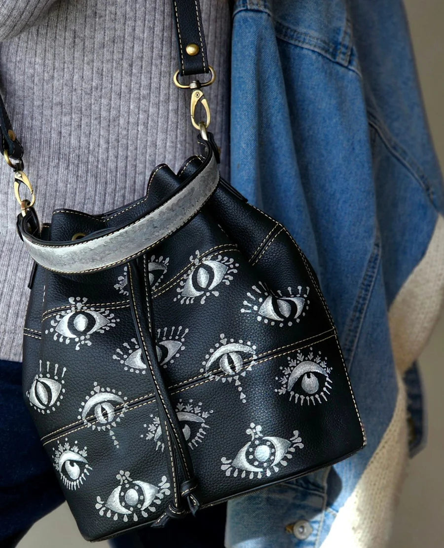 Leather Bucket Bag Black X White Eyes
