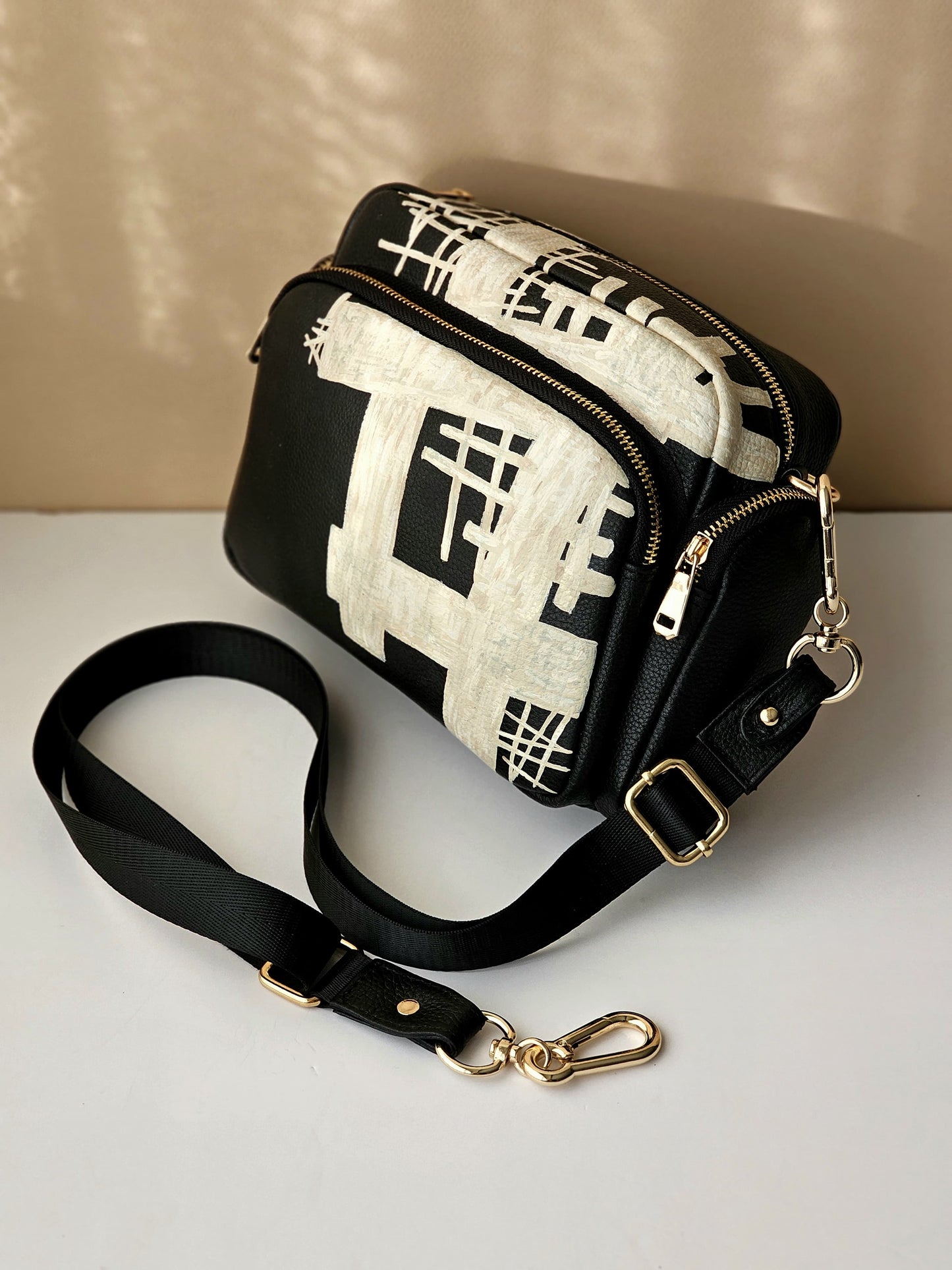 Leather Cross Bag Canvas Black X Creme