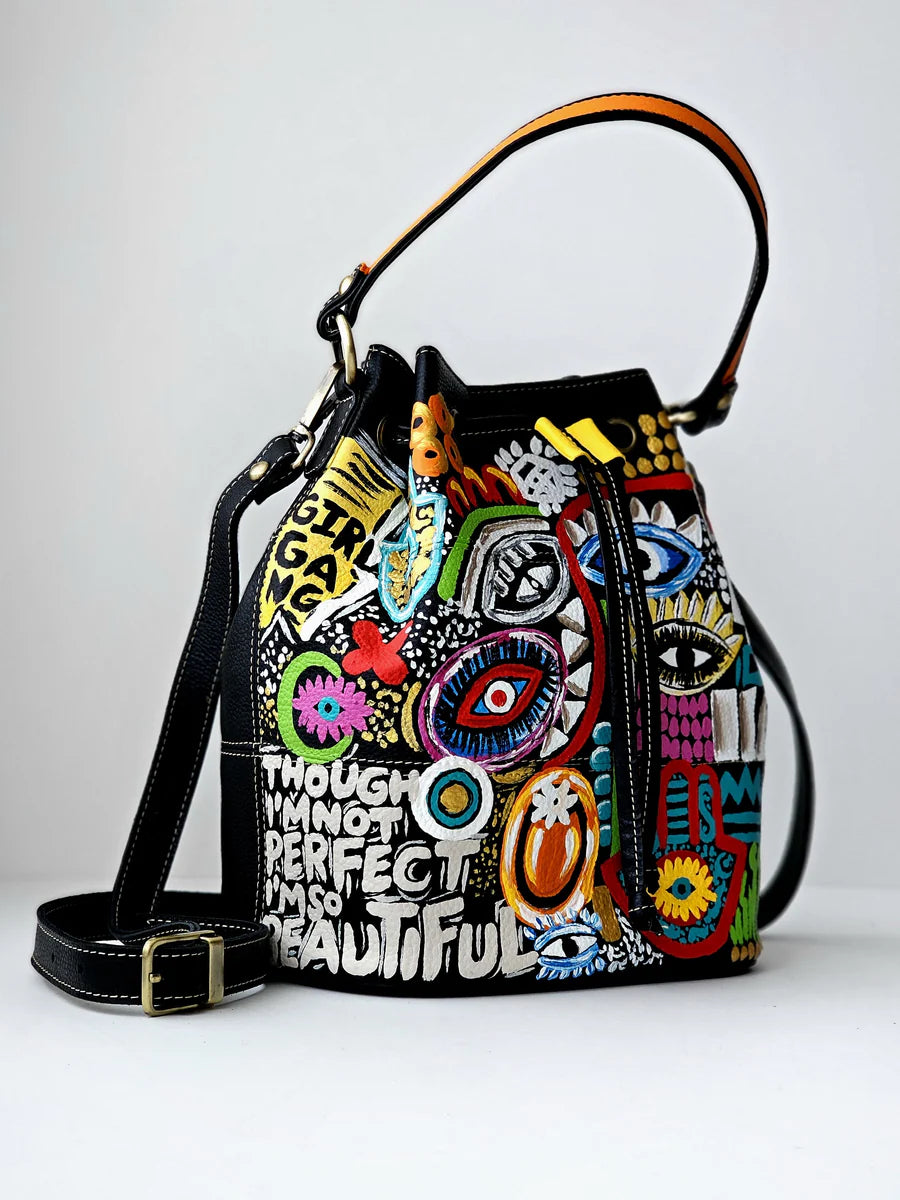 Leather Bucket Bag Black X Eyes Design