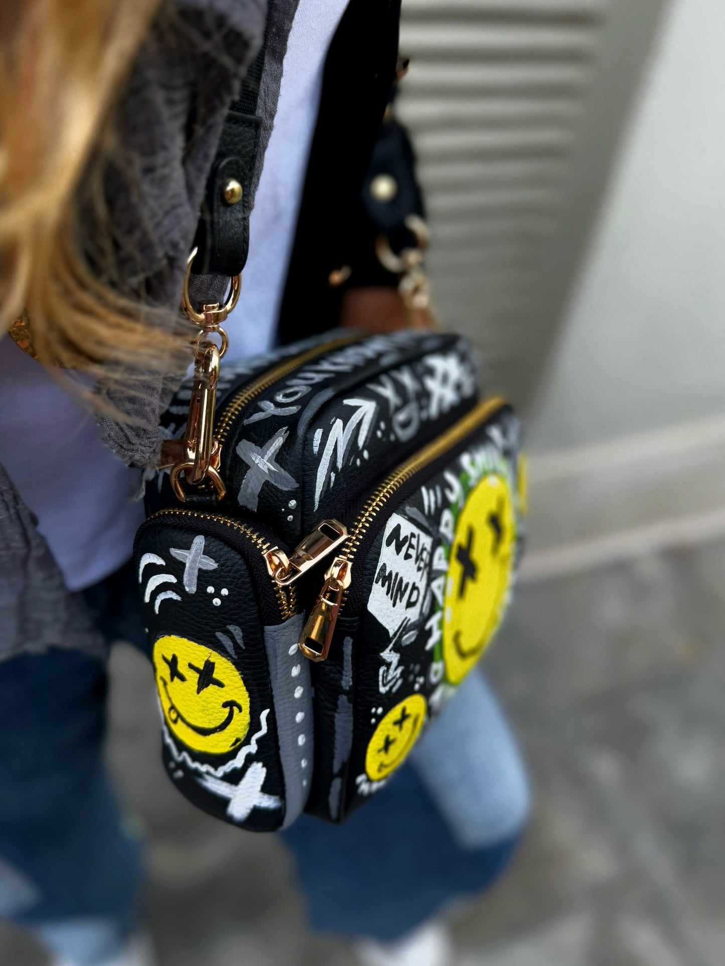 Leather Cross Bag Canvas Black X Yellow Smiley Face
