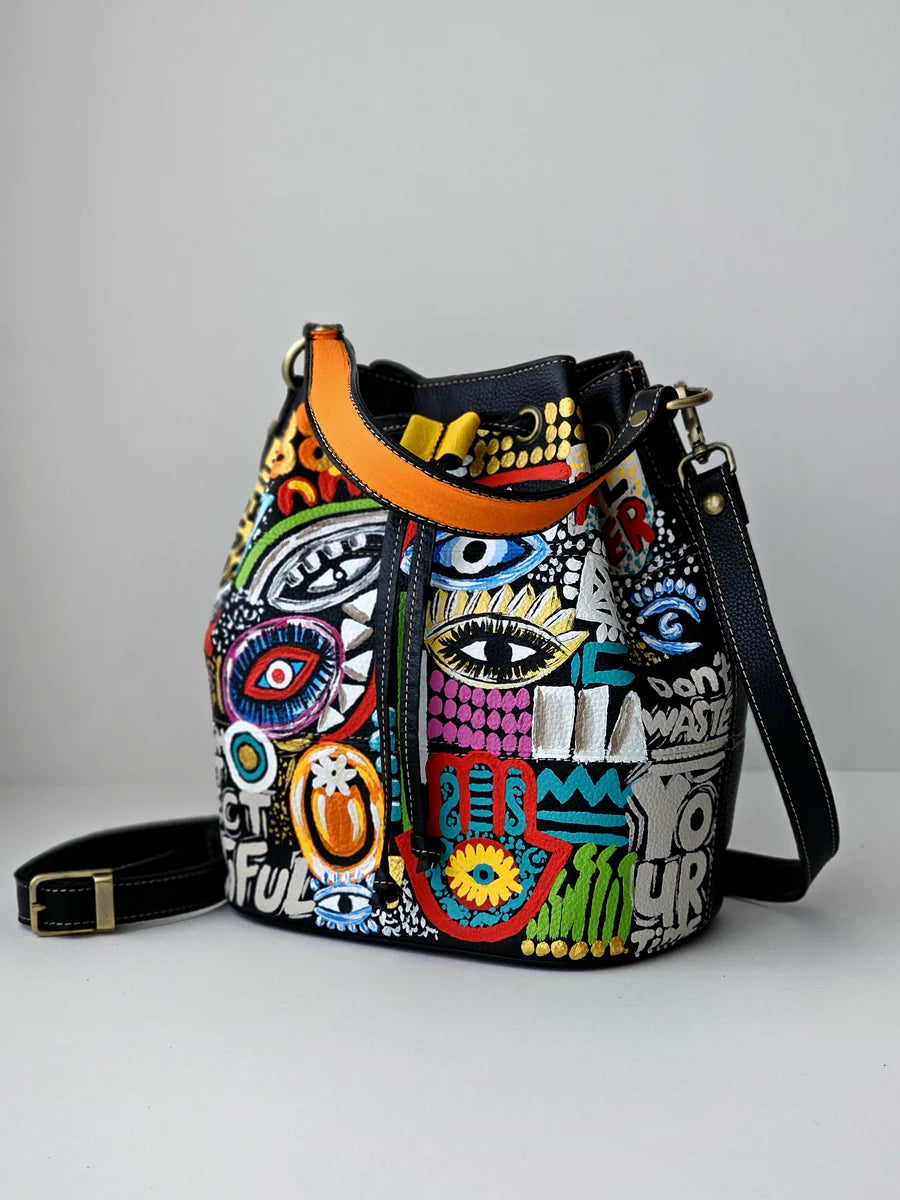 Leather Bucket Bag Black X Eyes Design