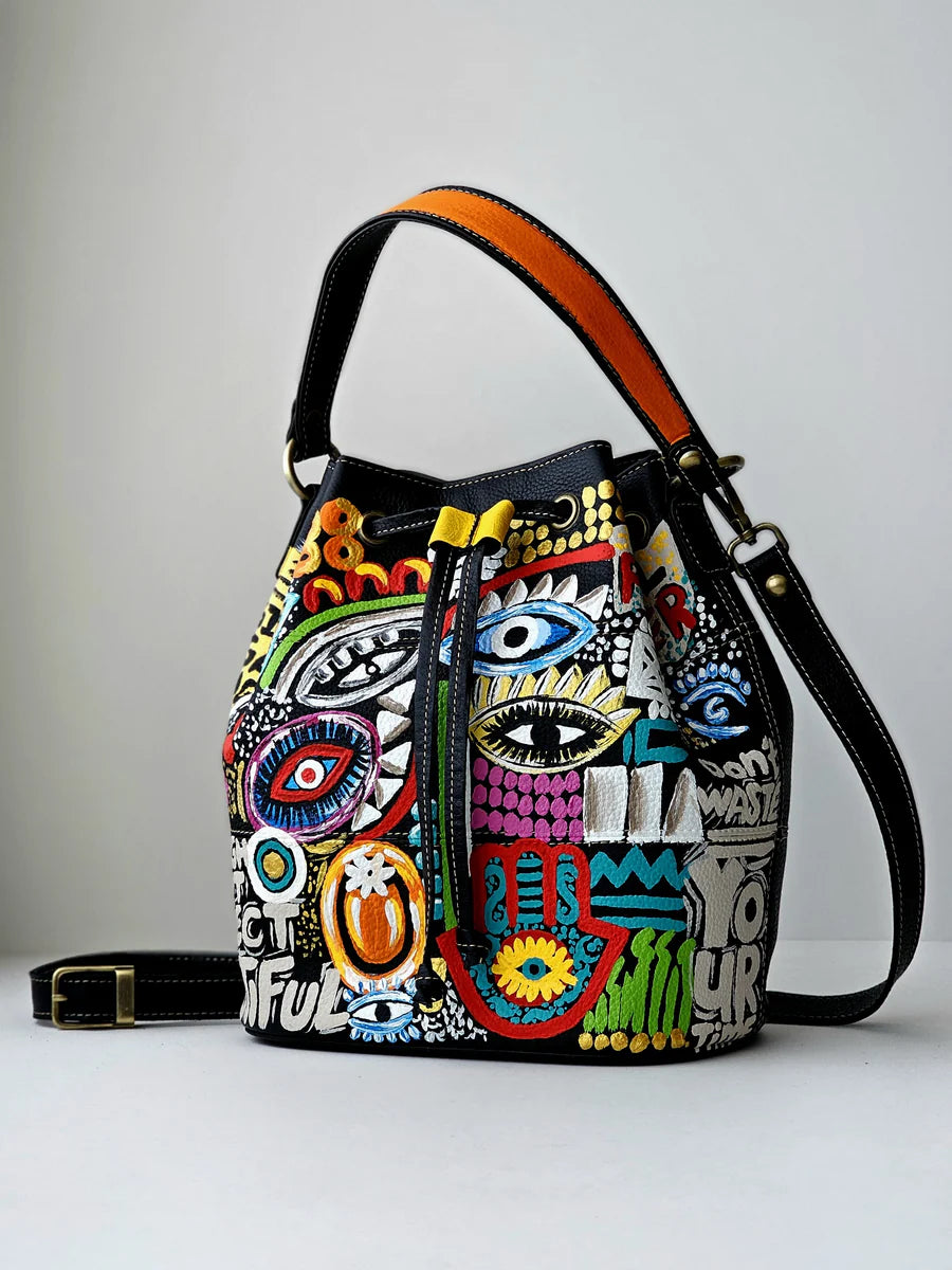 Leather Bucket Bag Black X Eyes Design
