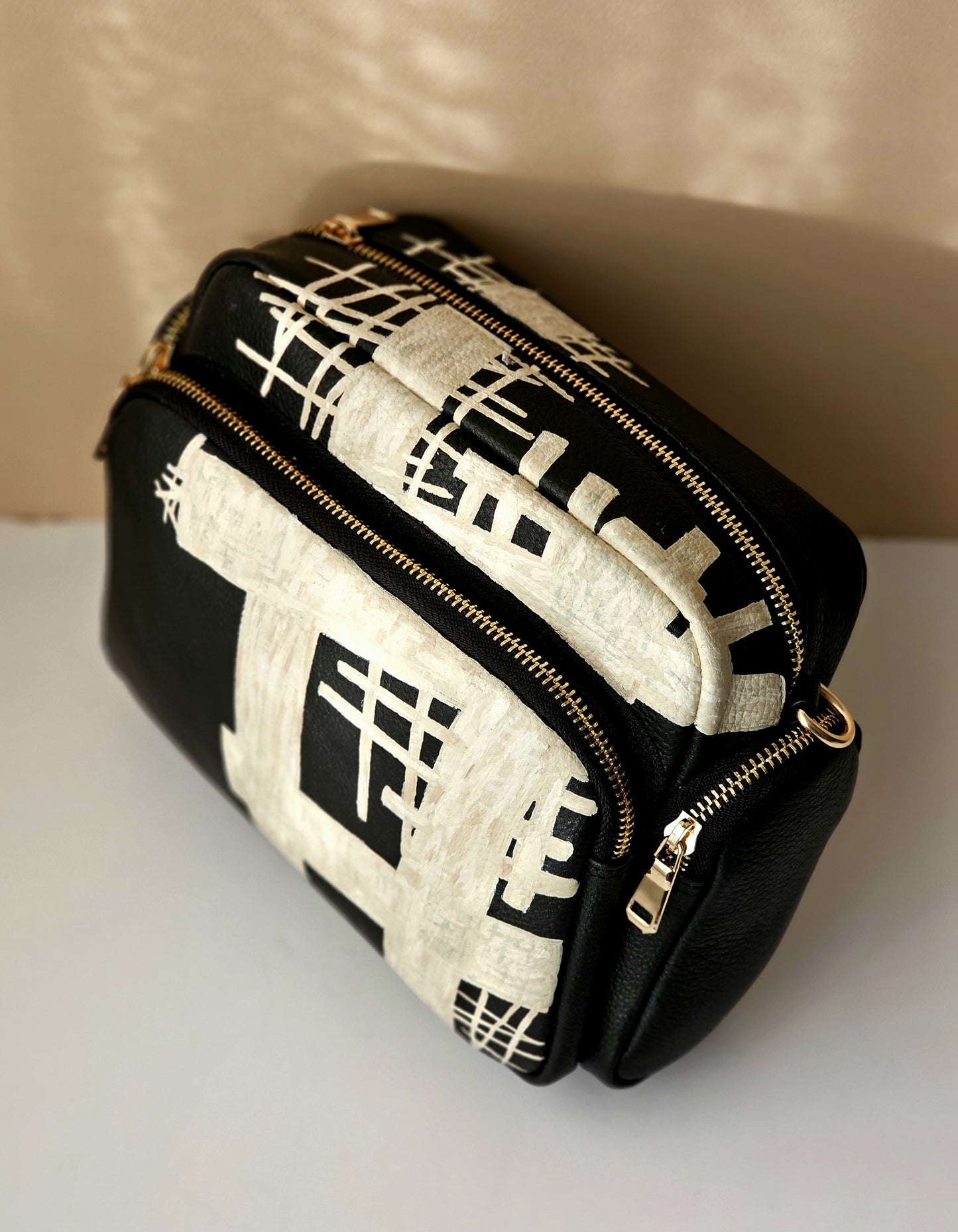 Leather Cross Bag Canvas Black X Creme