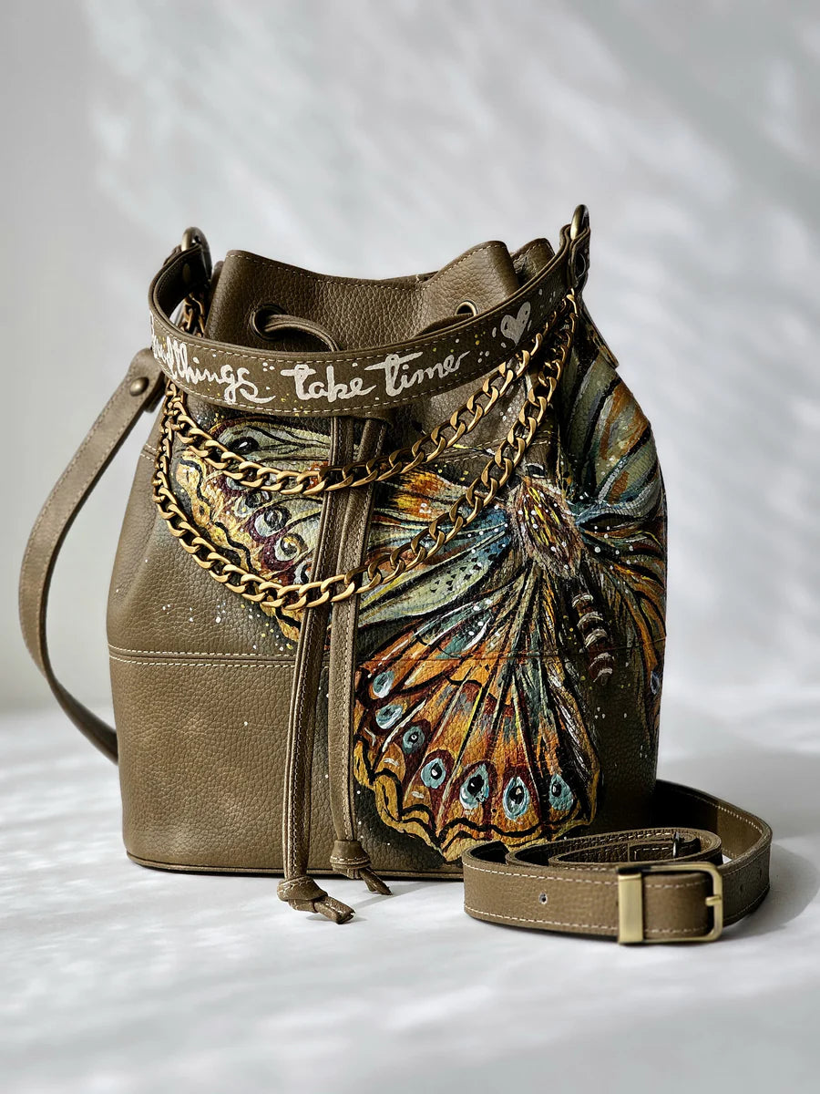 Leather Bucket Bag Olive X Butterfly