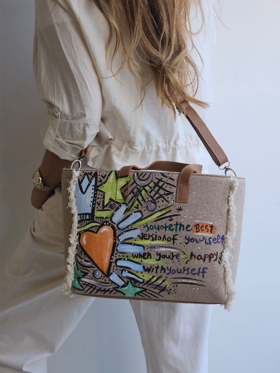 Beige Tote Bag Orange Heart