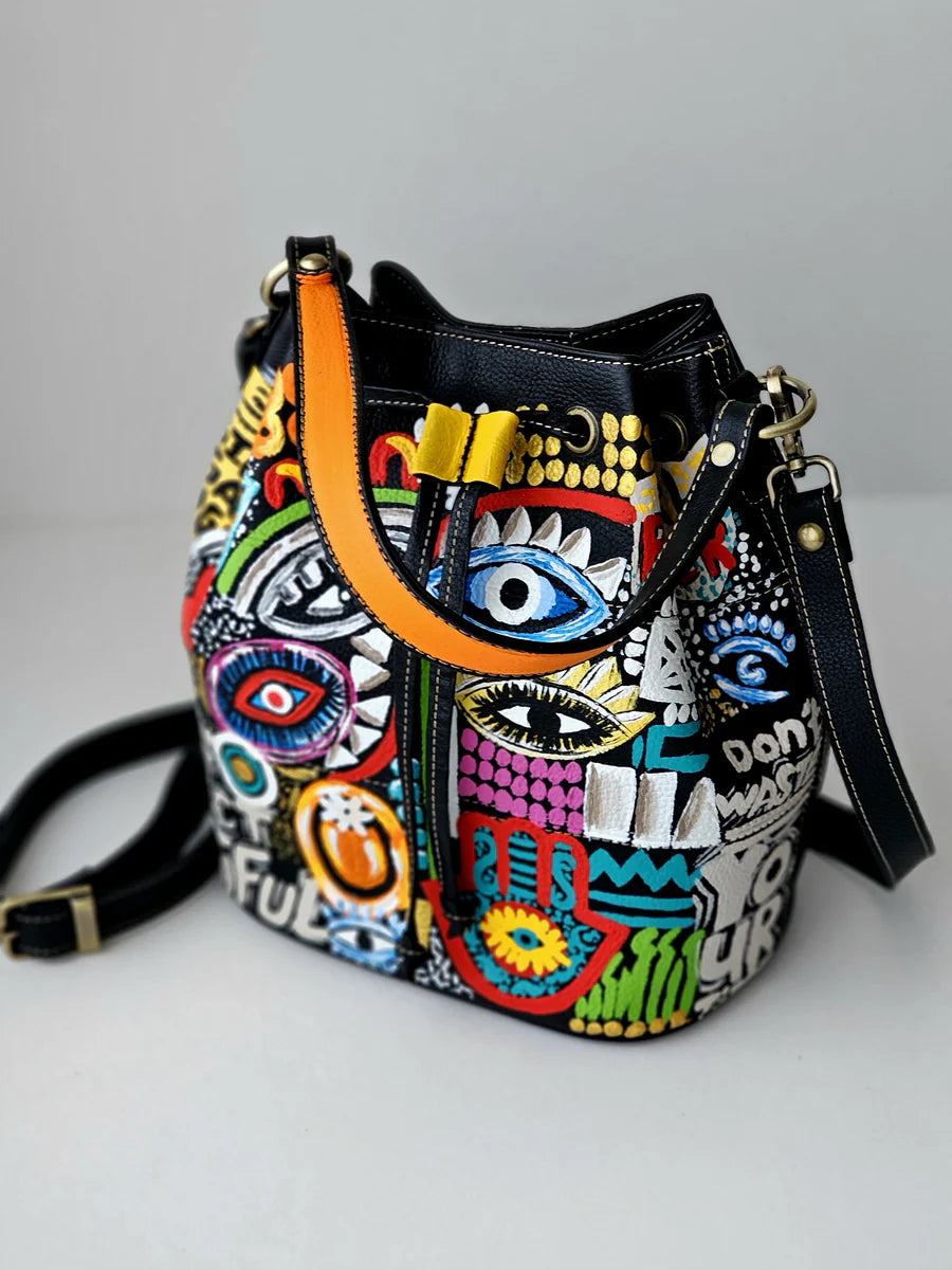 Leather Bucket Bag Black X Eyes Design
