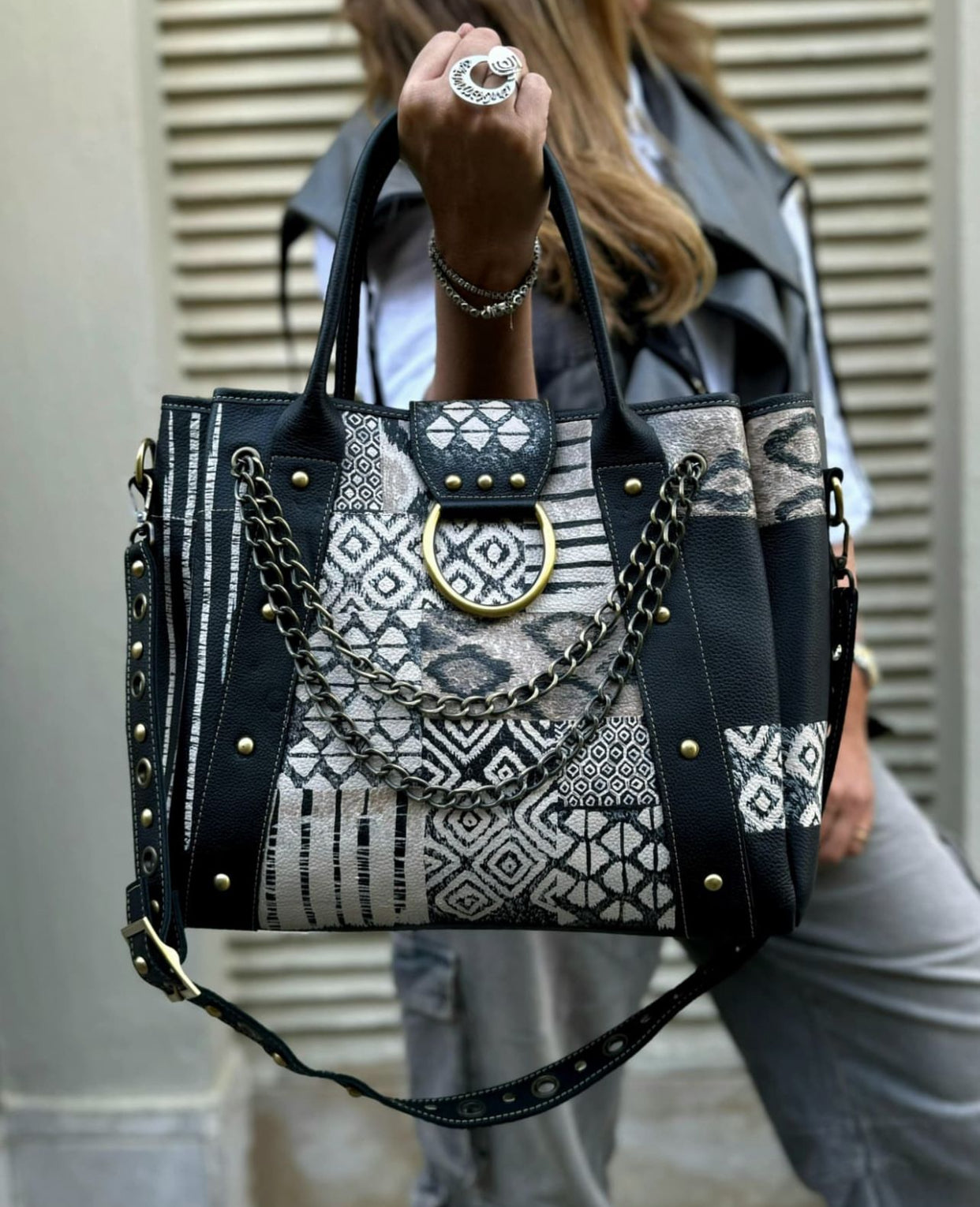 Leather Bag with Ring Black X Patterns