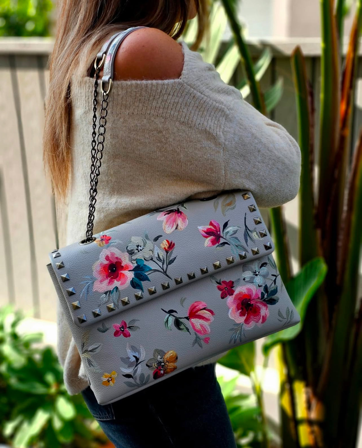 Rectangular Leather Bag with Chain Beige Base With Flowers
