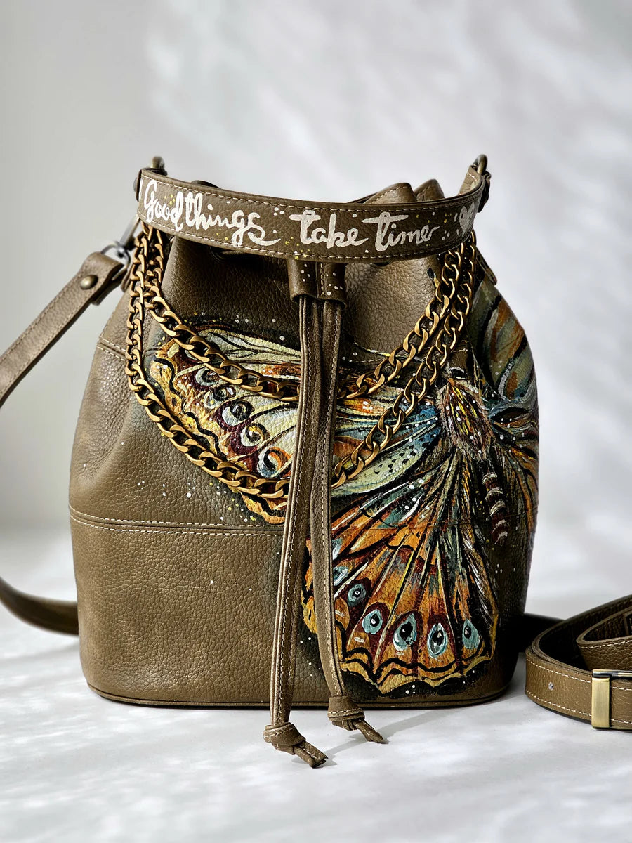 Leather Bucket Bag Olive X Butterfly
