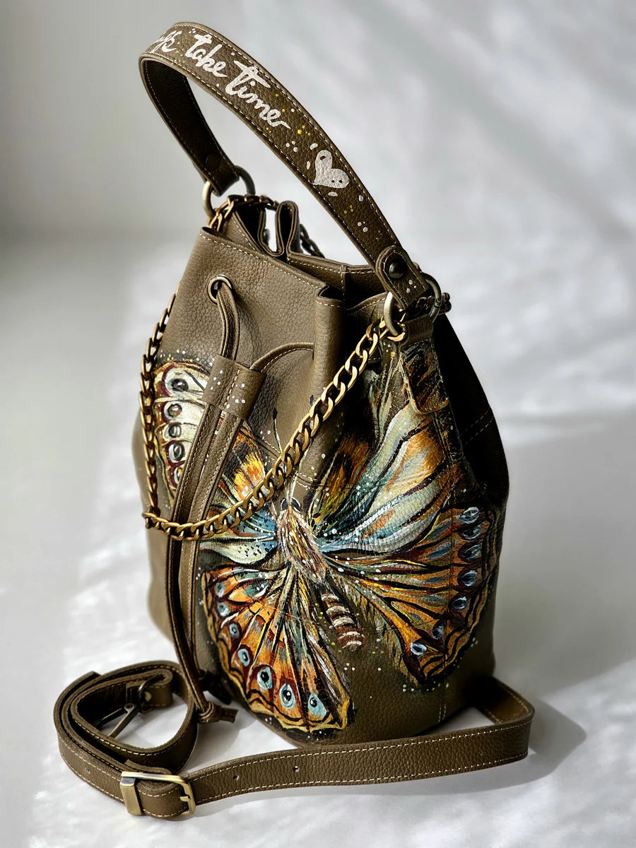 Leather Bucket Bag Olive X Butterfly