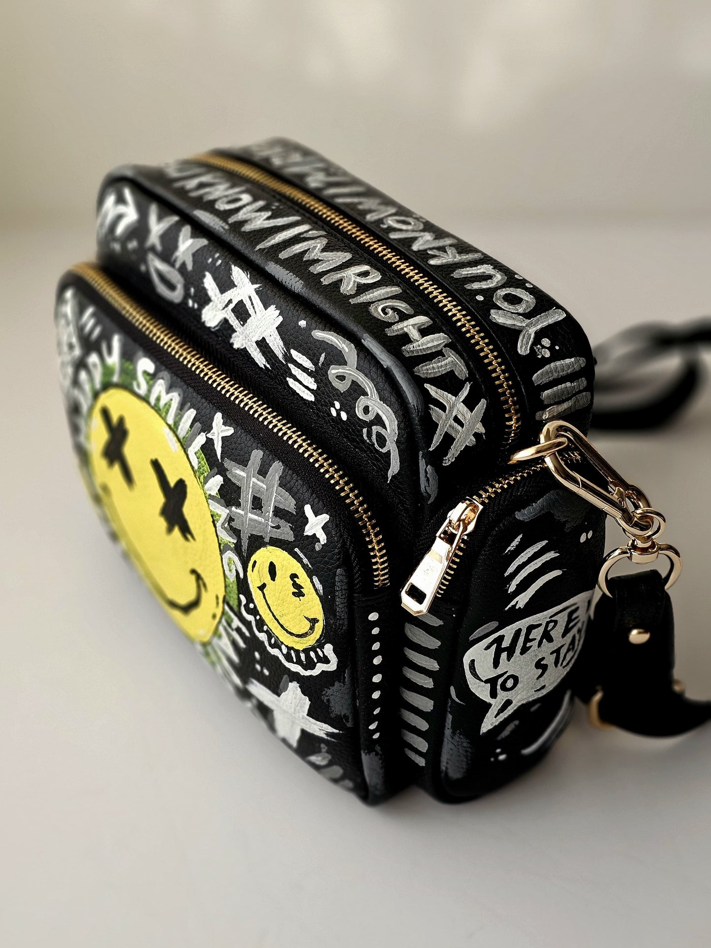 Leather Cross Bag Canvas Black X Yellow Smiley Face
