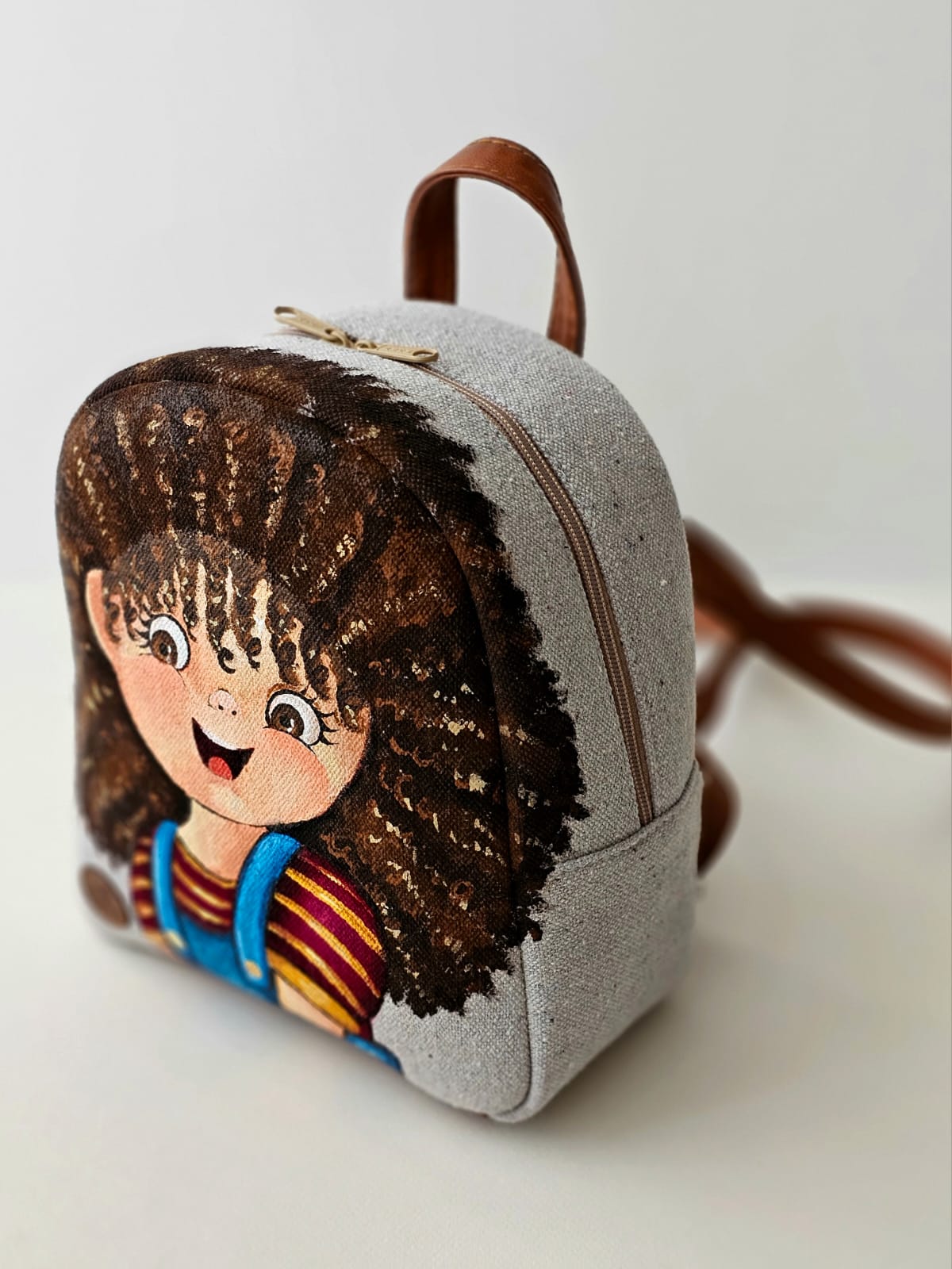 Fabric Mini Backpack Beige Curly Hair