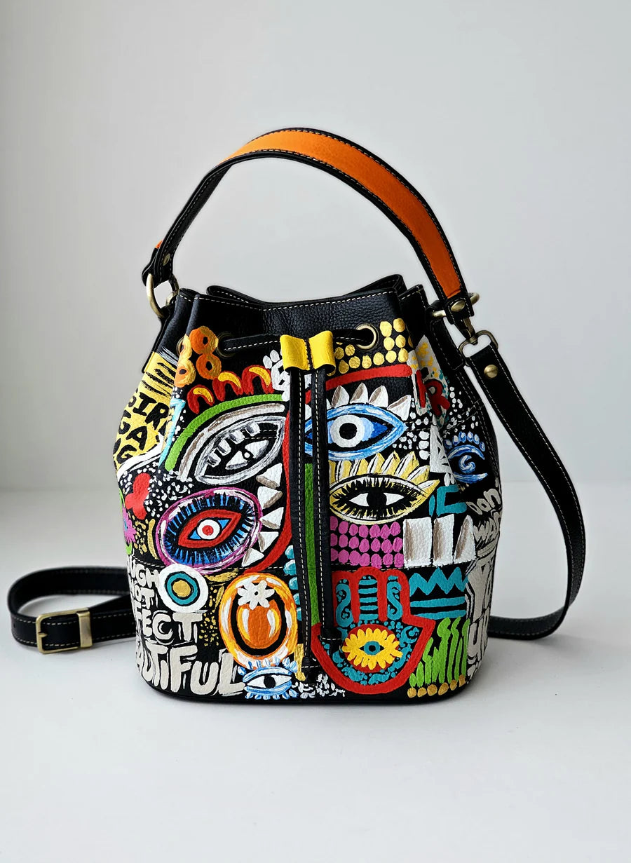 Leather Bucket Bag Black X Eyes Design