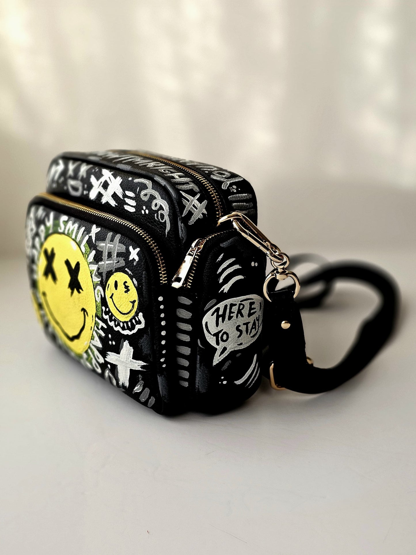 Leather Cross Bag Canvas Black X Yellow Smiley Face