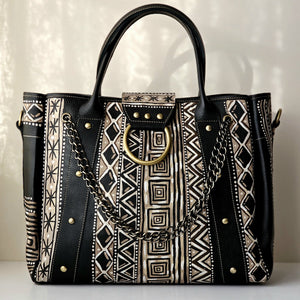 Leather Bag with Ring Black X Geometric