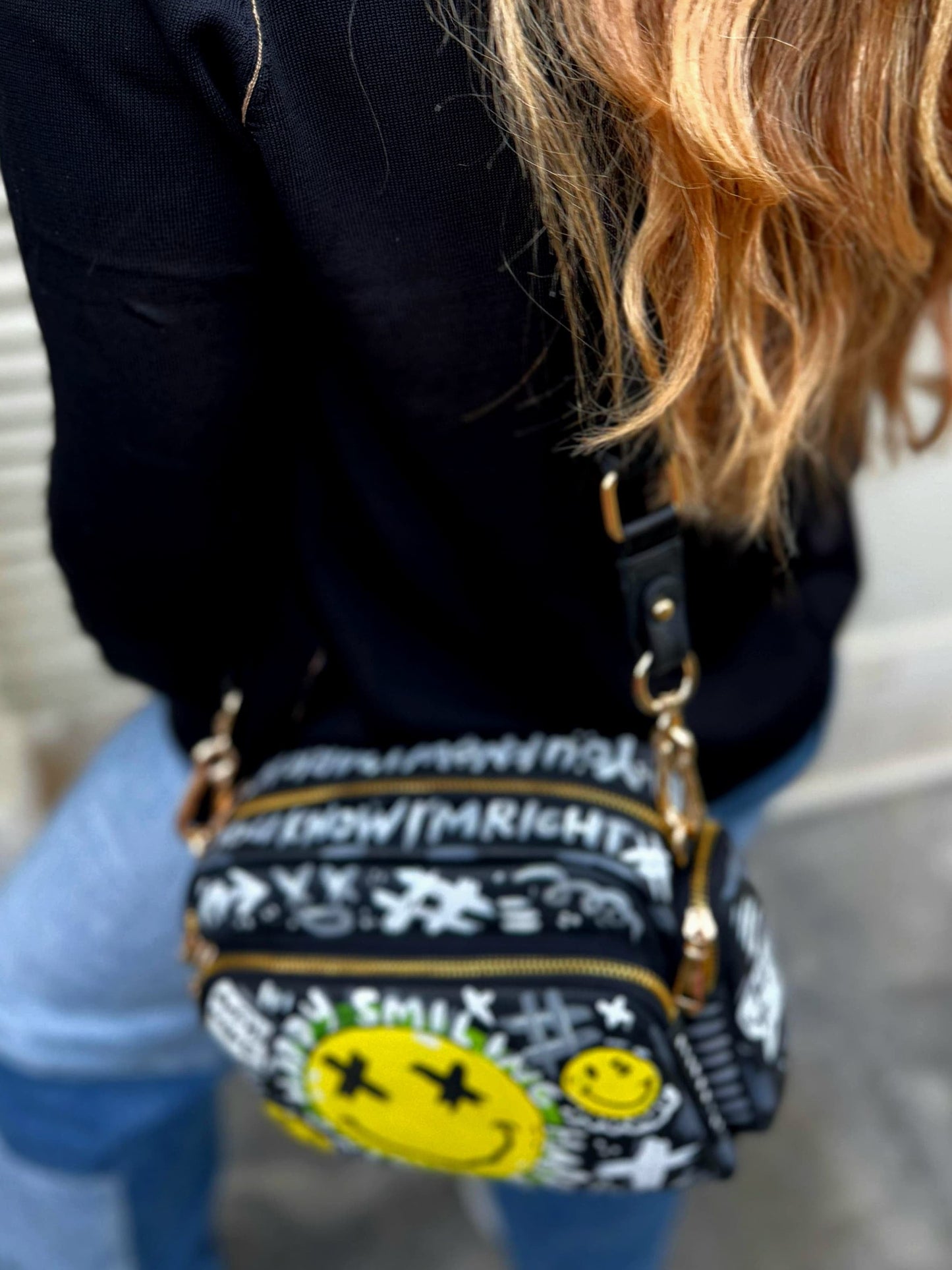 Leather Cross Bag Canvas Black X Yellow Smiley Face