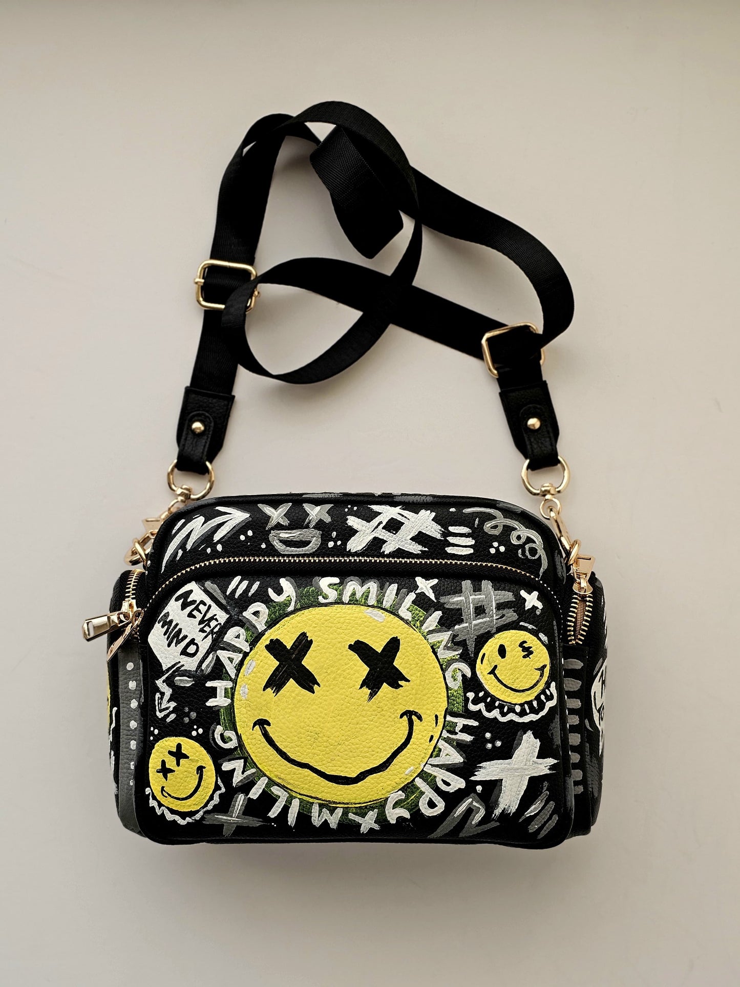 Leather Cross Bag Canvas Black X Yellow Smiley Face