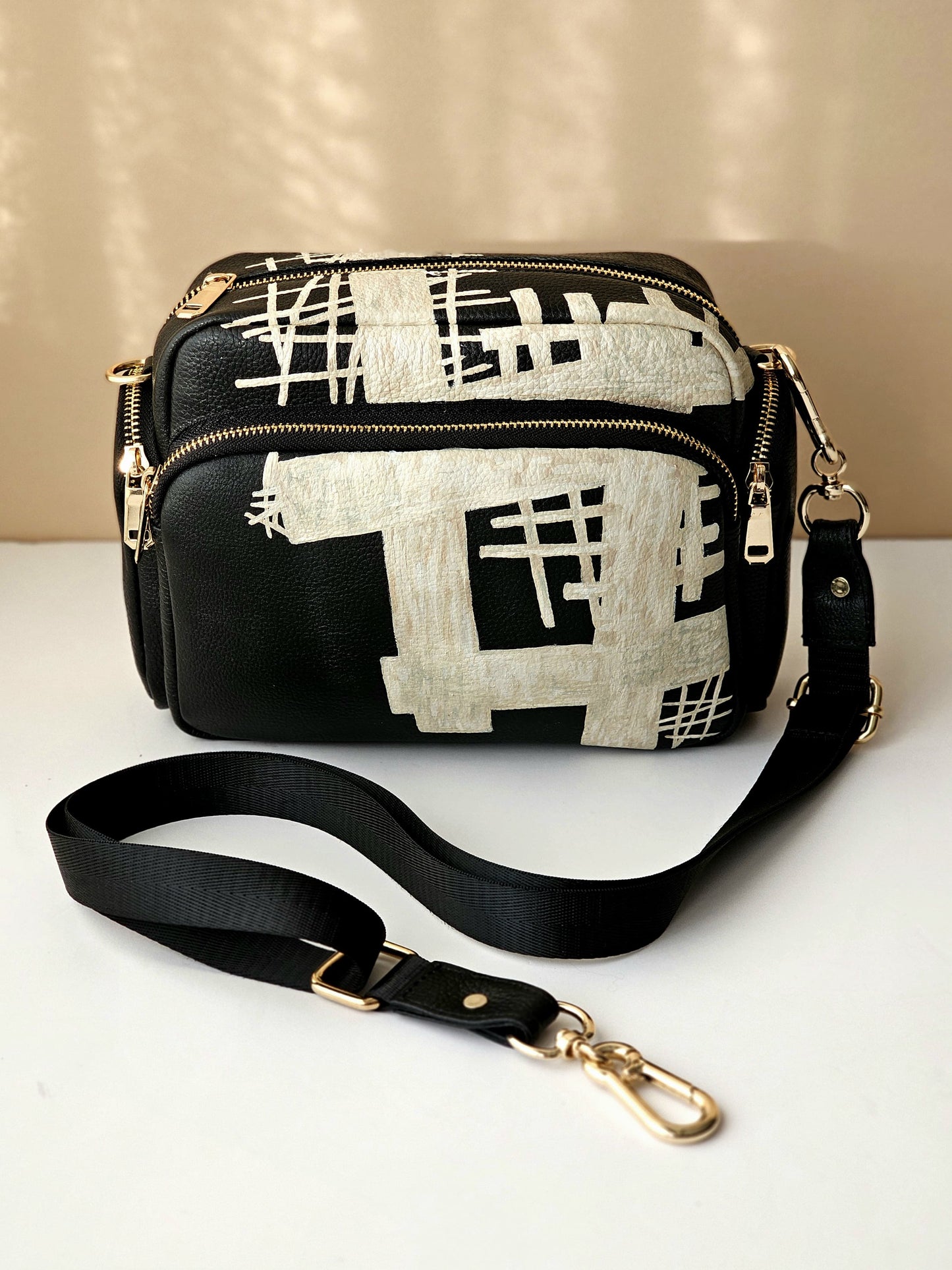 Leather Cross Bag Canvas Black X Creme