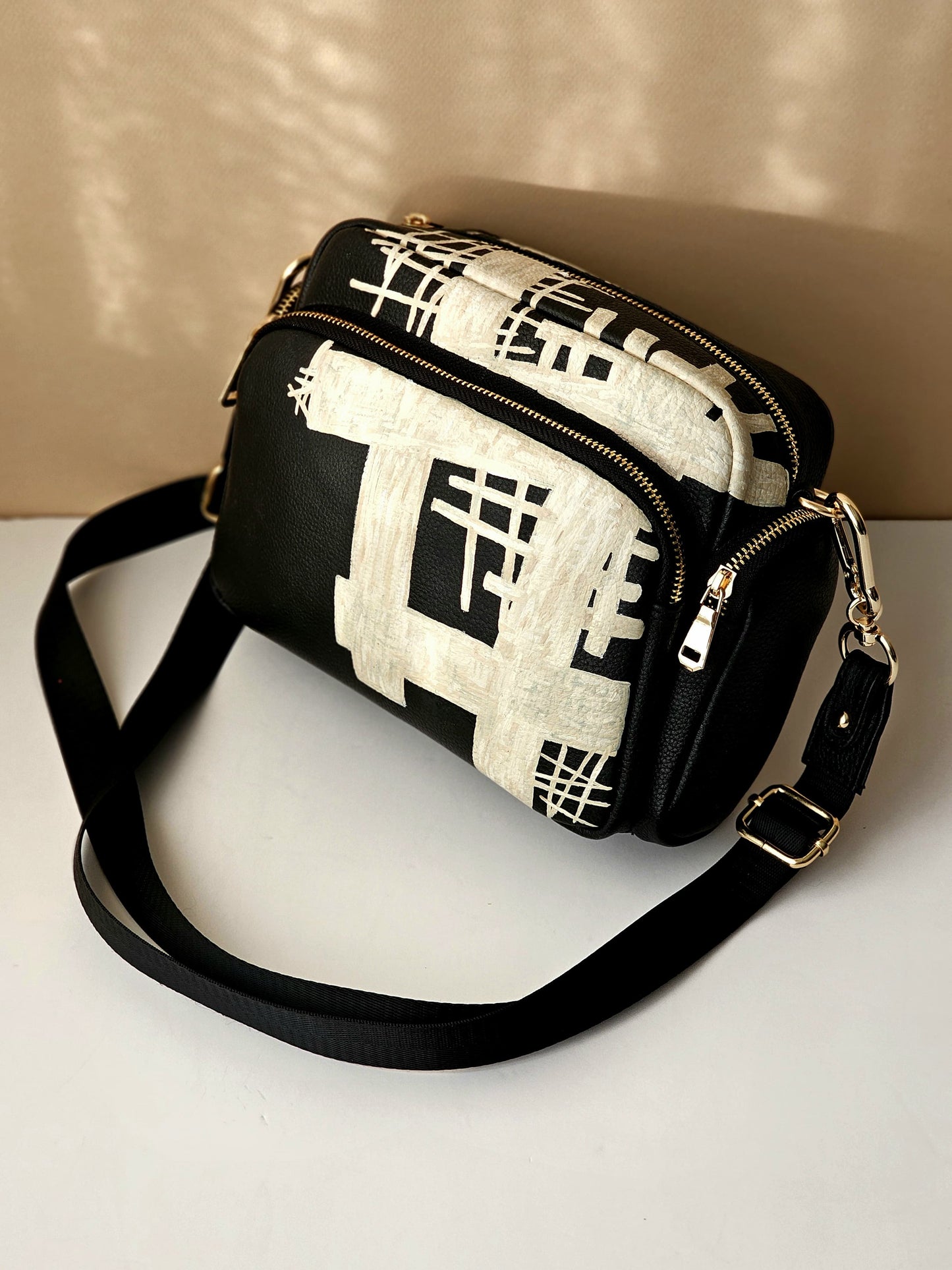 Leather Cross Bag Canvas Black X Creme