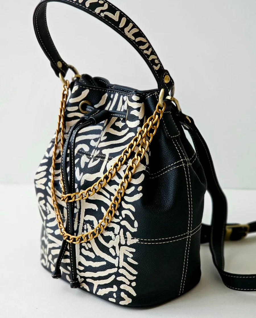 Leather Bucket Bag Black X White