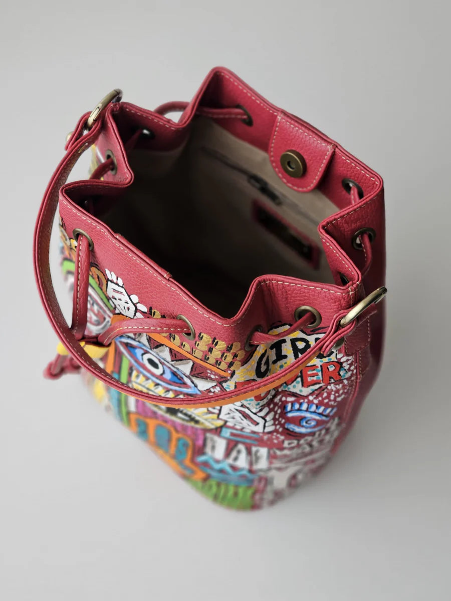 Leather Bucket Bag Red X Eyes Design