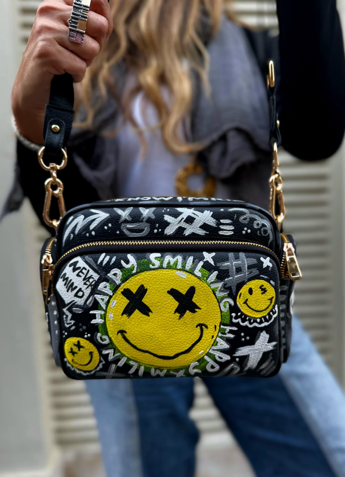 Leather Cross Bag Canvas Black X Yellow Smiley Face