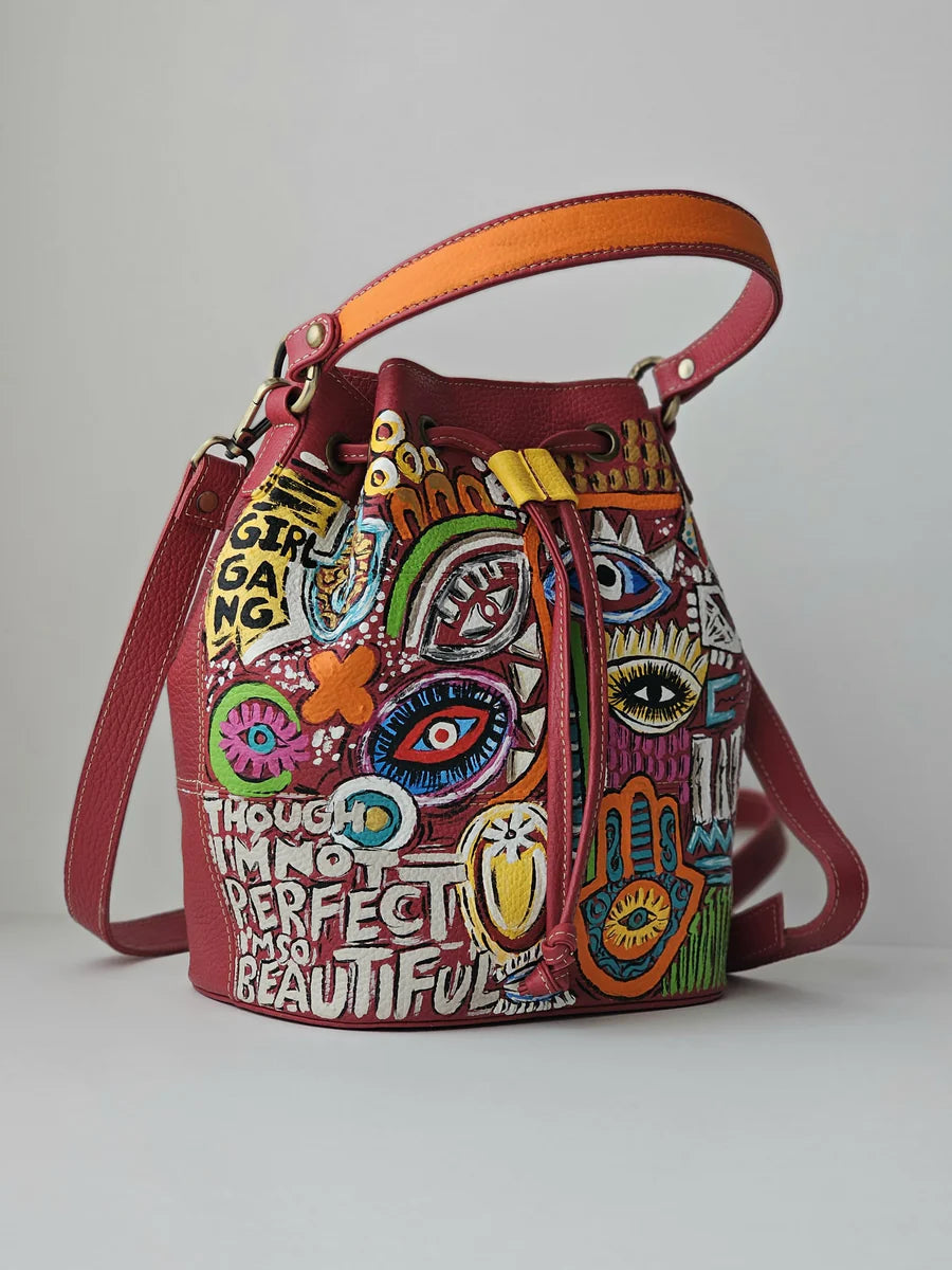 Leather Bucket Bag Red X Eyes Design