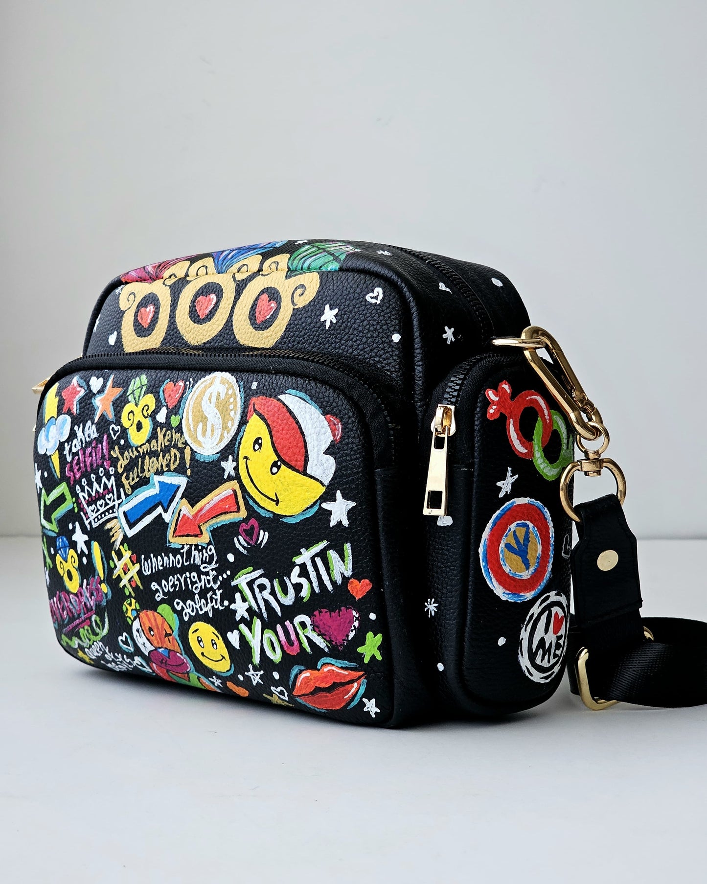 Leather Cross Bag Black X Colorful Graffiti