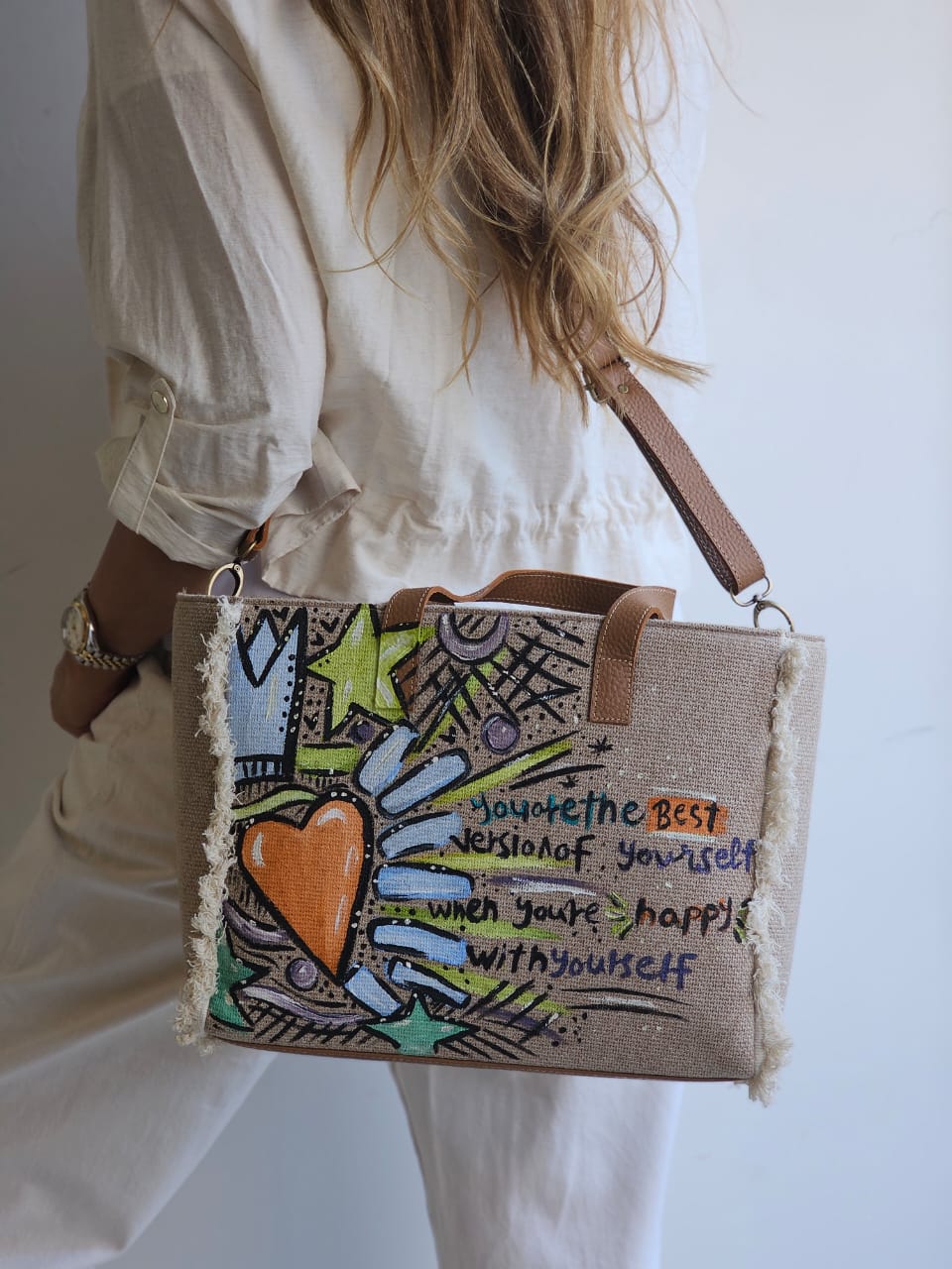 Beige Tote Bag Orange Heart