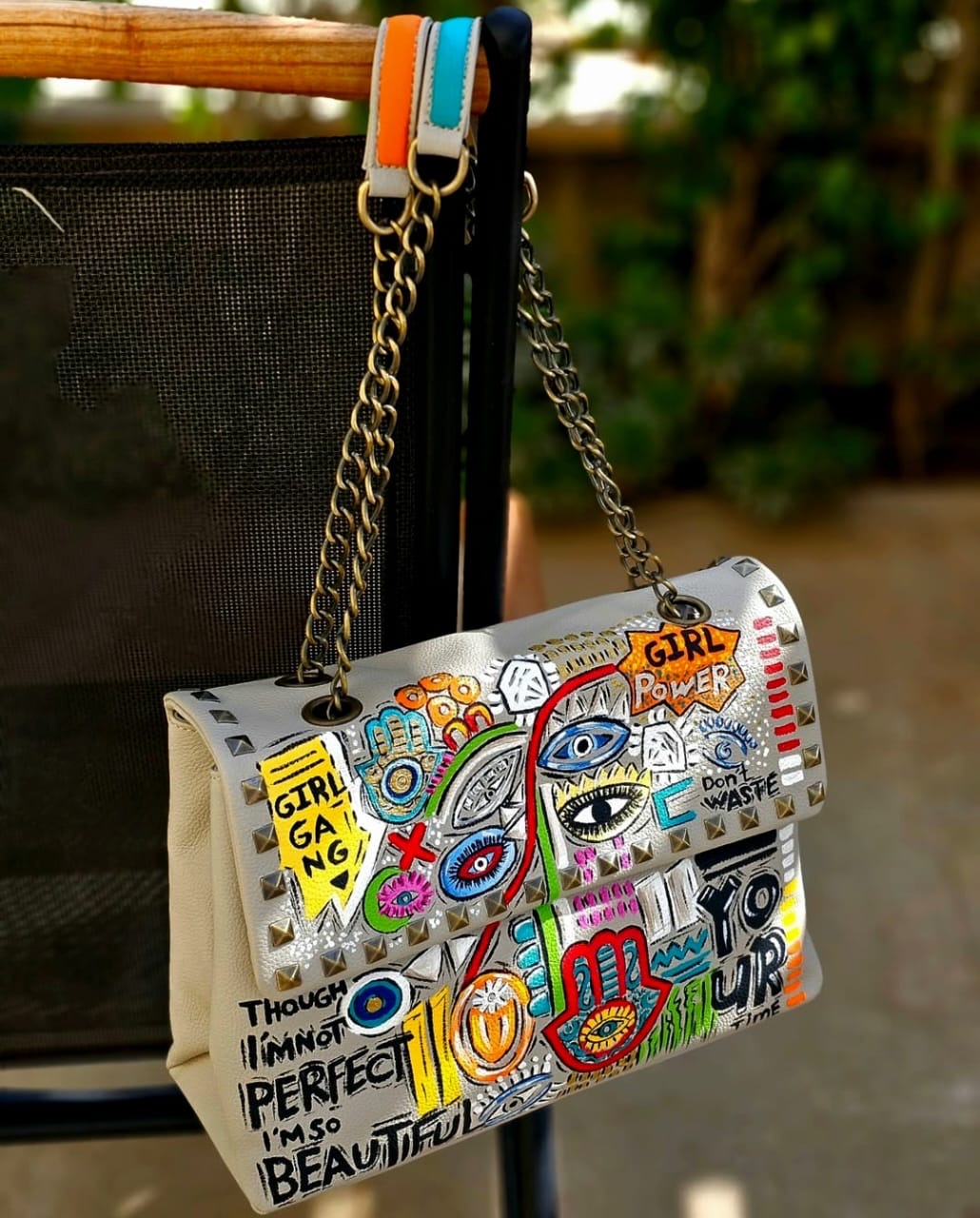 Rectangular Leather Bag with Chain Beige Base With Drawings