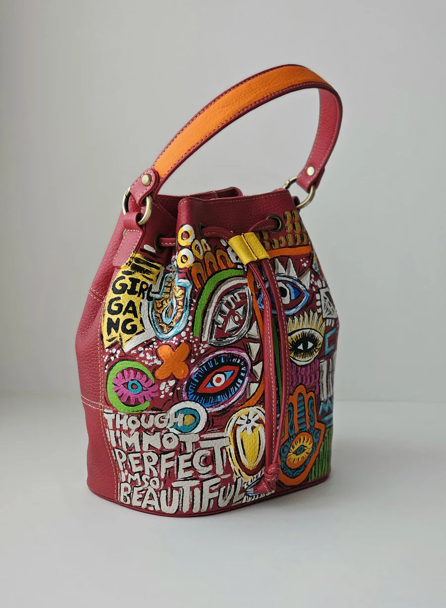 Leather Bucket Bag Red X Eyes Design