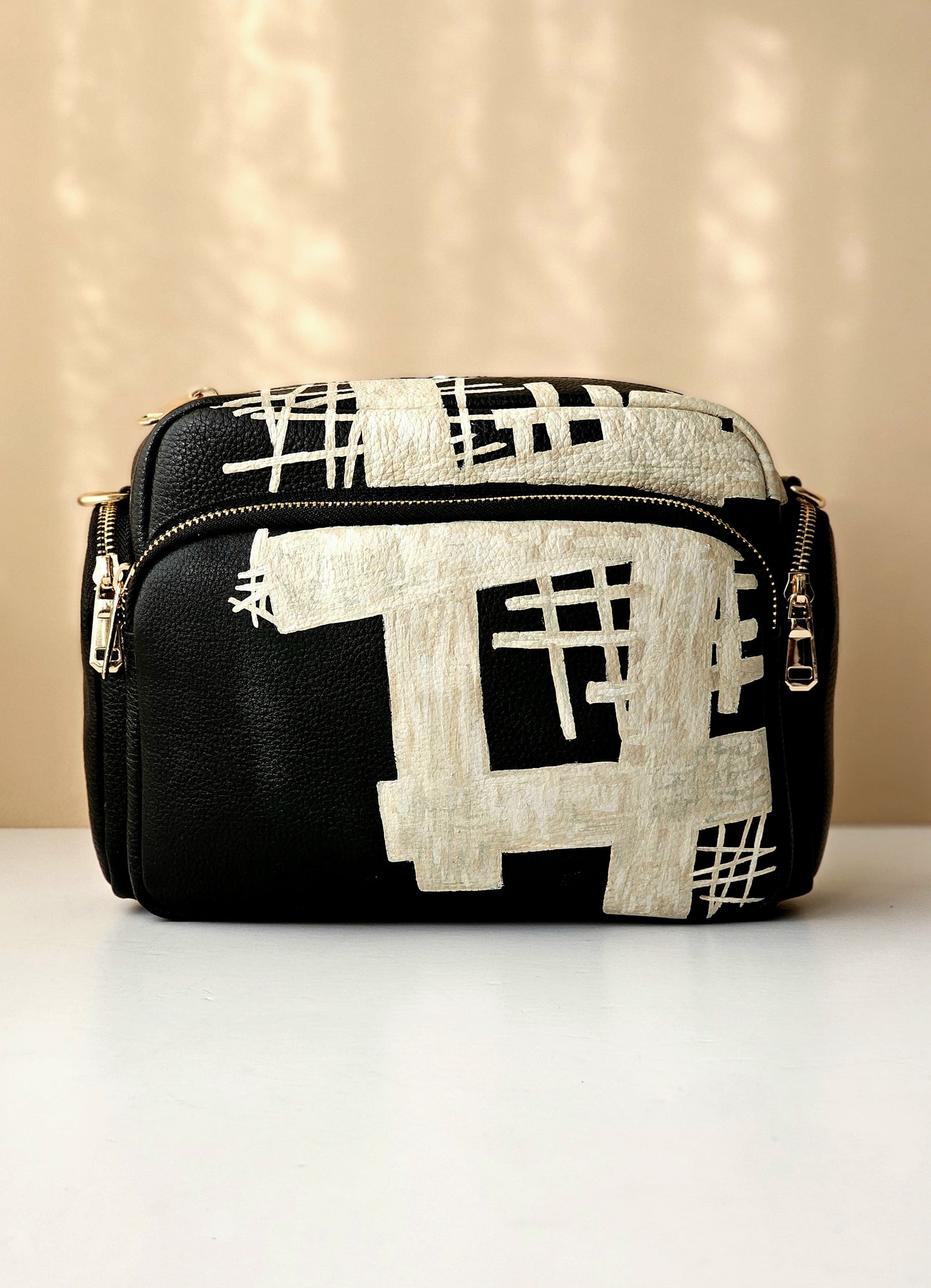 Leather Cross Bag Canvas Black X Creme