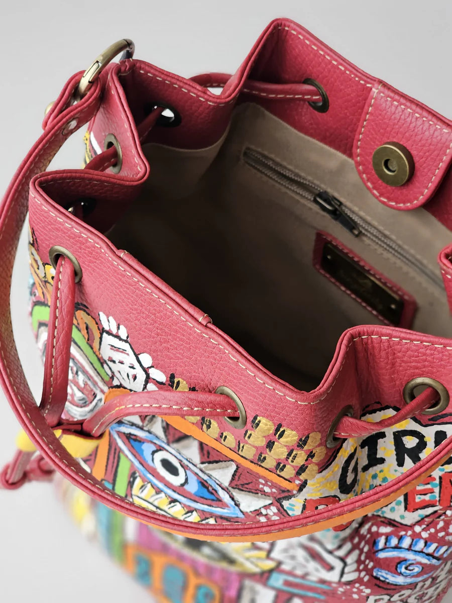 Leather Bucket Bag Red X Eyes Design