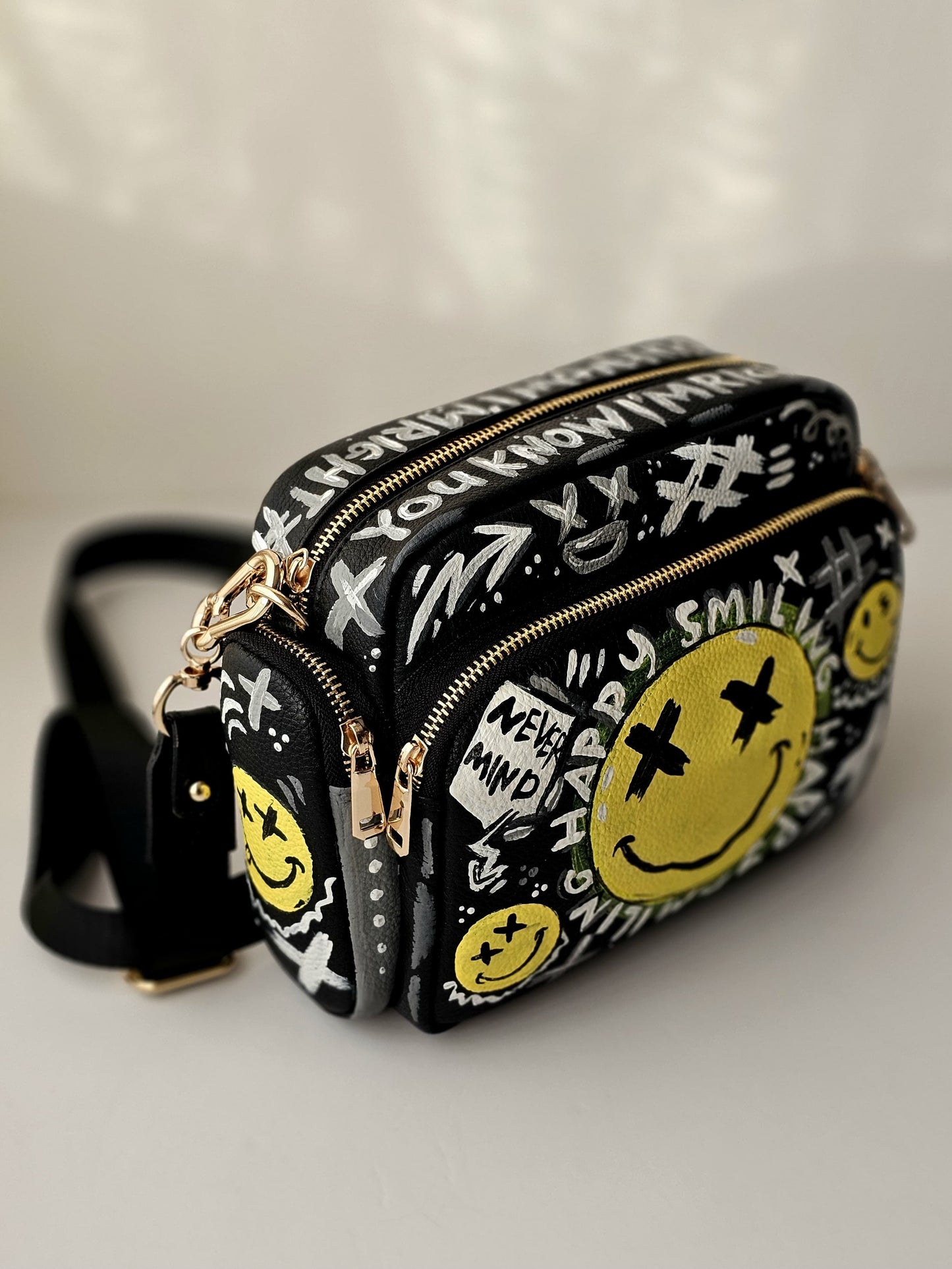 Leather Cross Bag Canvas Black X Yellow Smiley Face
