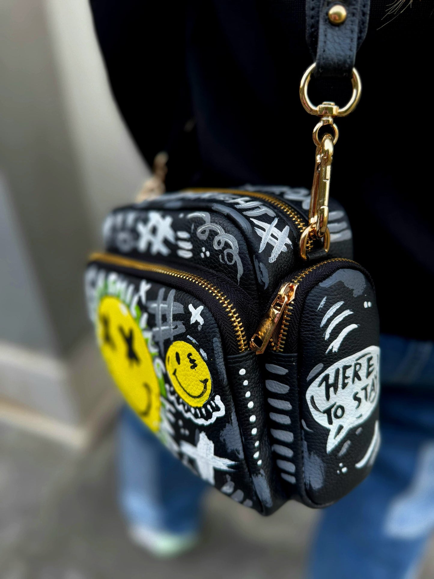Leather Cross Bag Canvas Black X Yellow Smiley Face