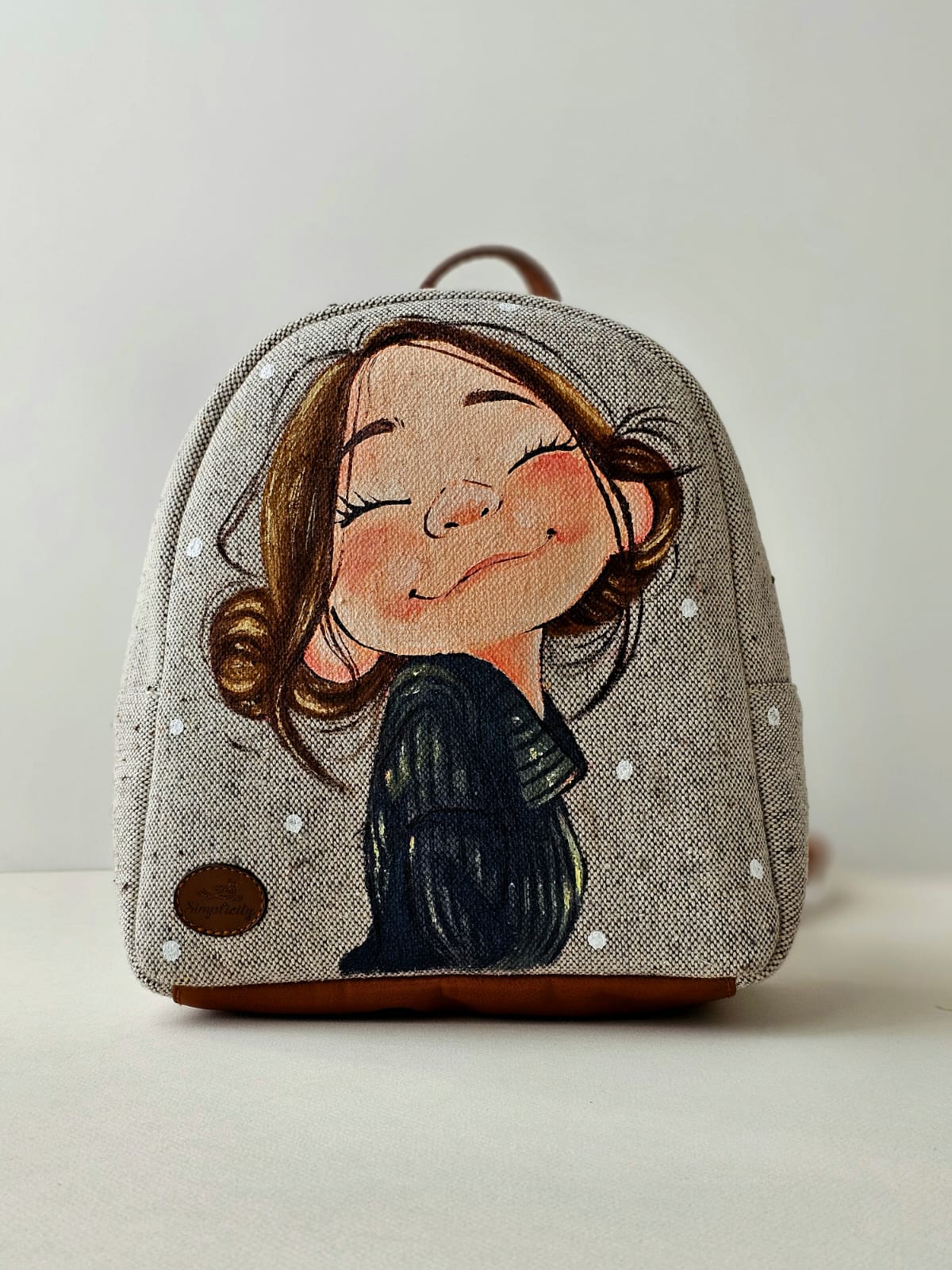 Fabric Mini Backpack Beige White Dots