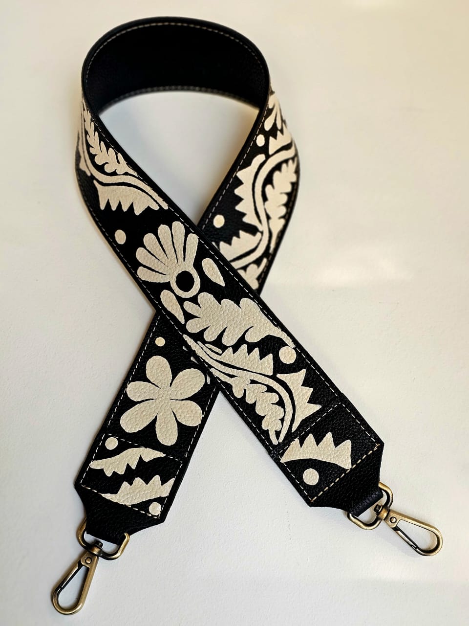 Leather Strap Black X White Floral