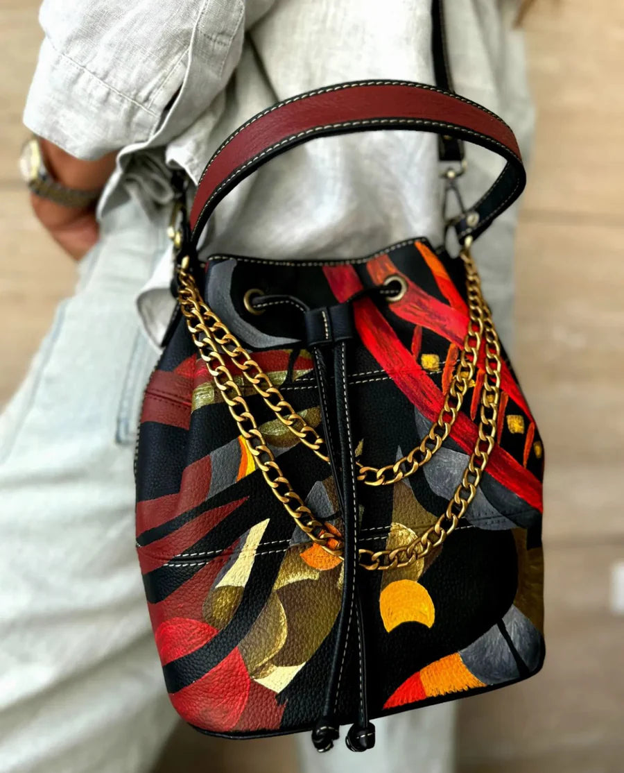 Leather Bucket Bag Black Base X Red