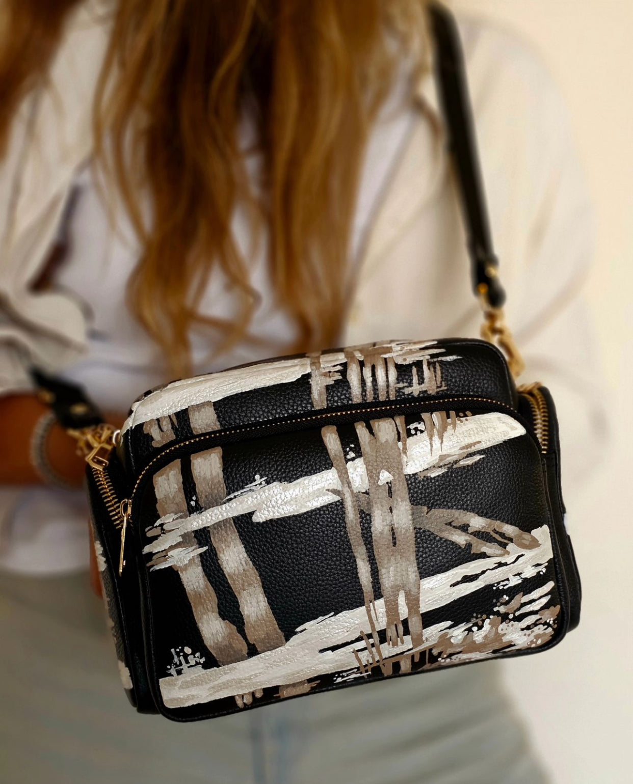 Leather Cross Bag Canvas Black X Beige