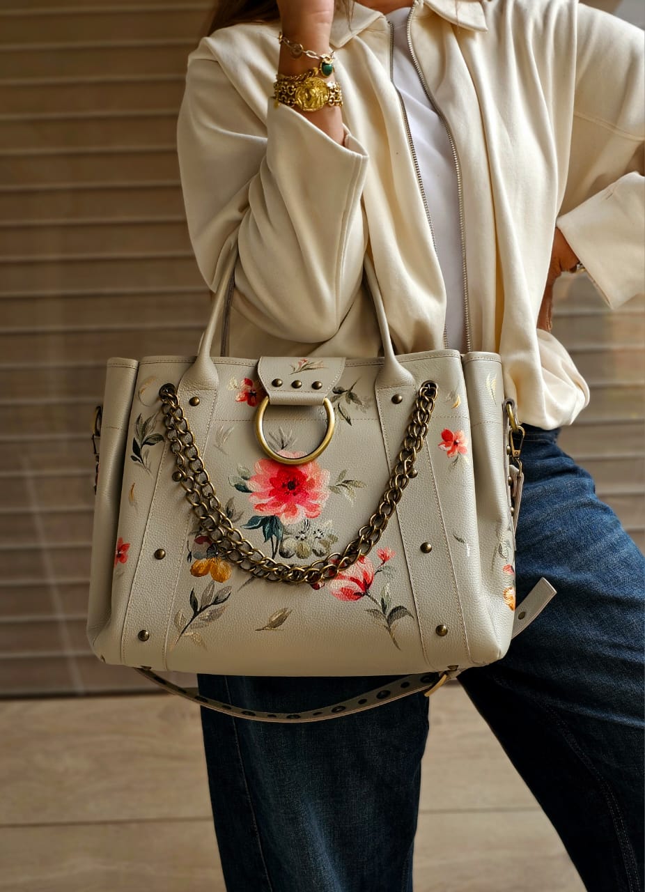 Leather Bag with Ring Beige X Pink Flowers