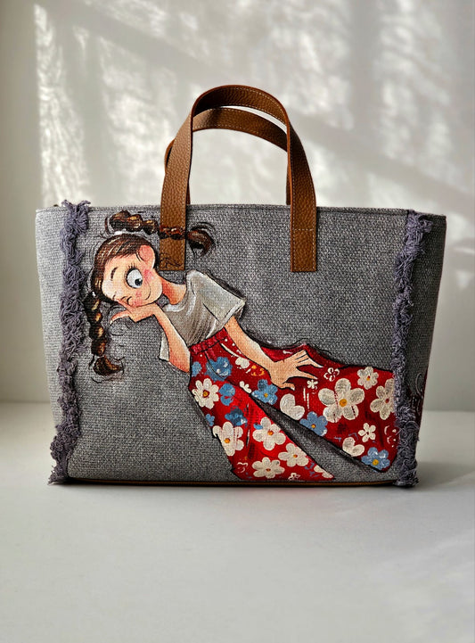 Grey Tote Bag X Flowery Pants