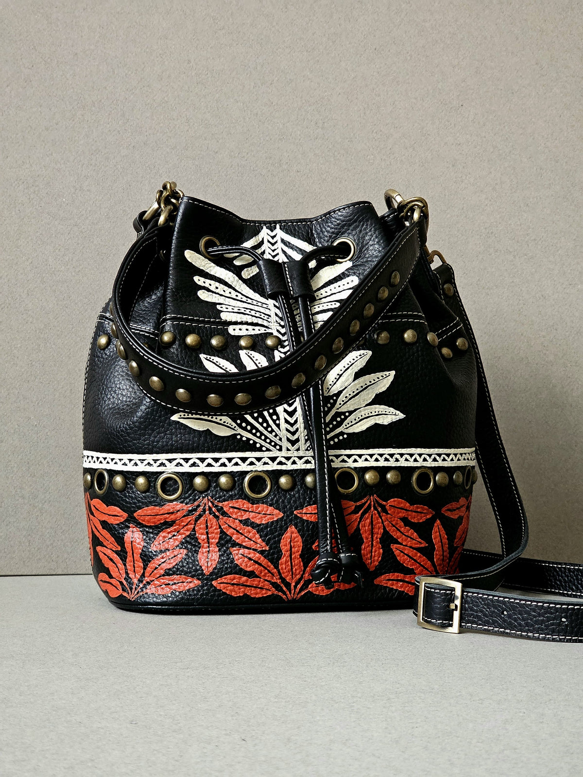 Leather Bucket X Tribal Leaves